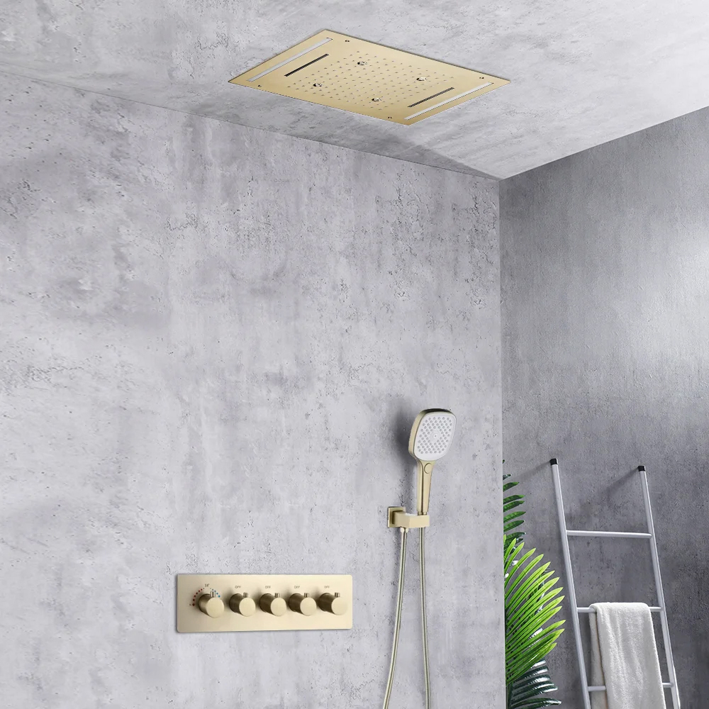 20" LED Rainfall Shower System in Brushed Gold with Multi-Function Ceiling Showerhead