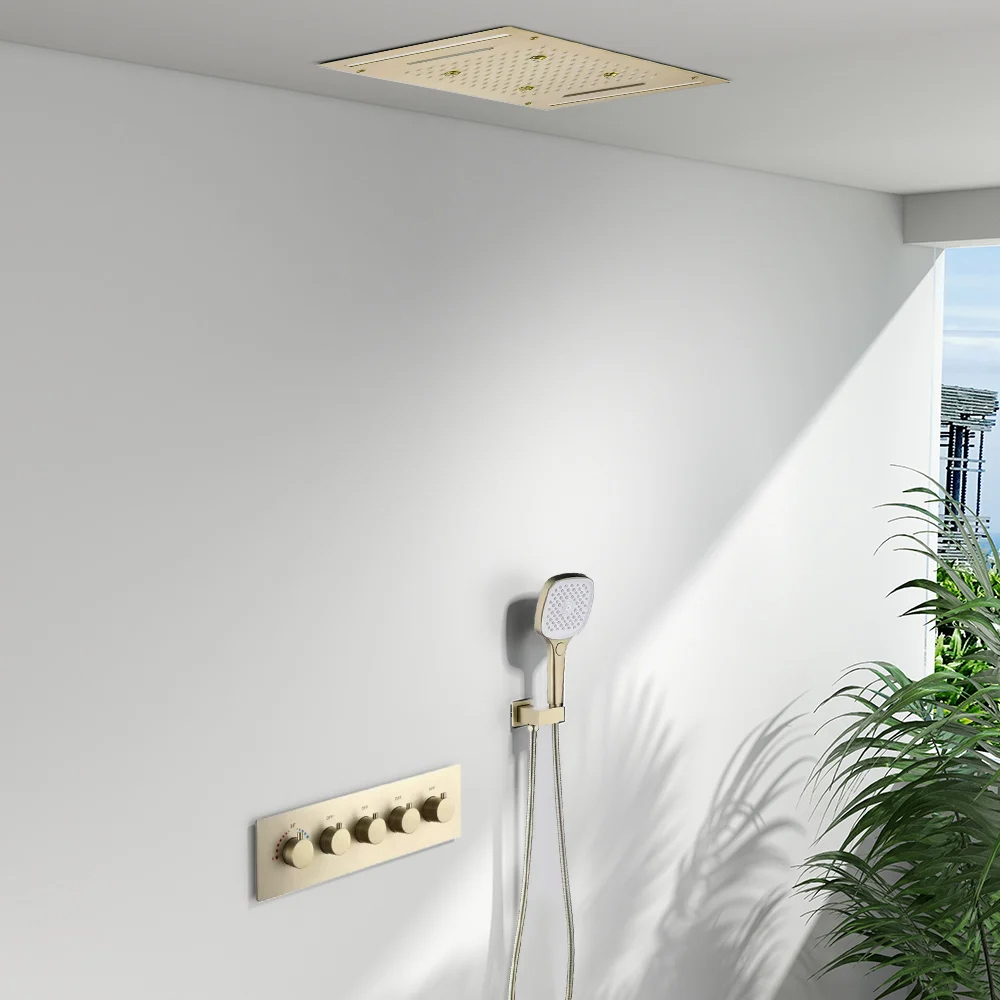 20" LED Rainfall Shower System in Brushed Gold with Multi-Function Ceiling Showerhead