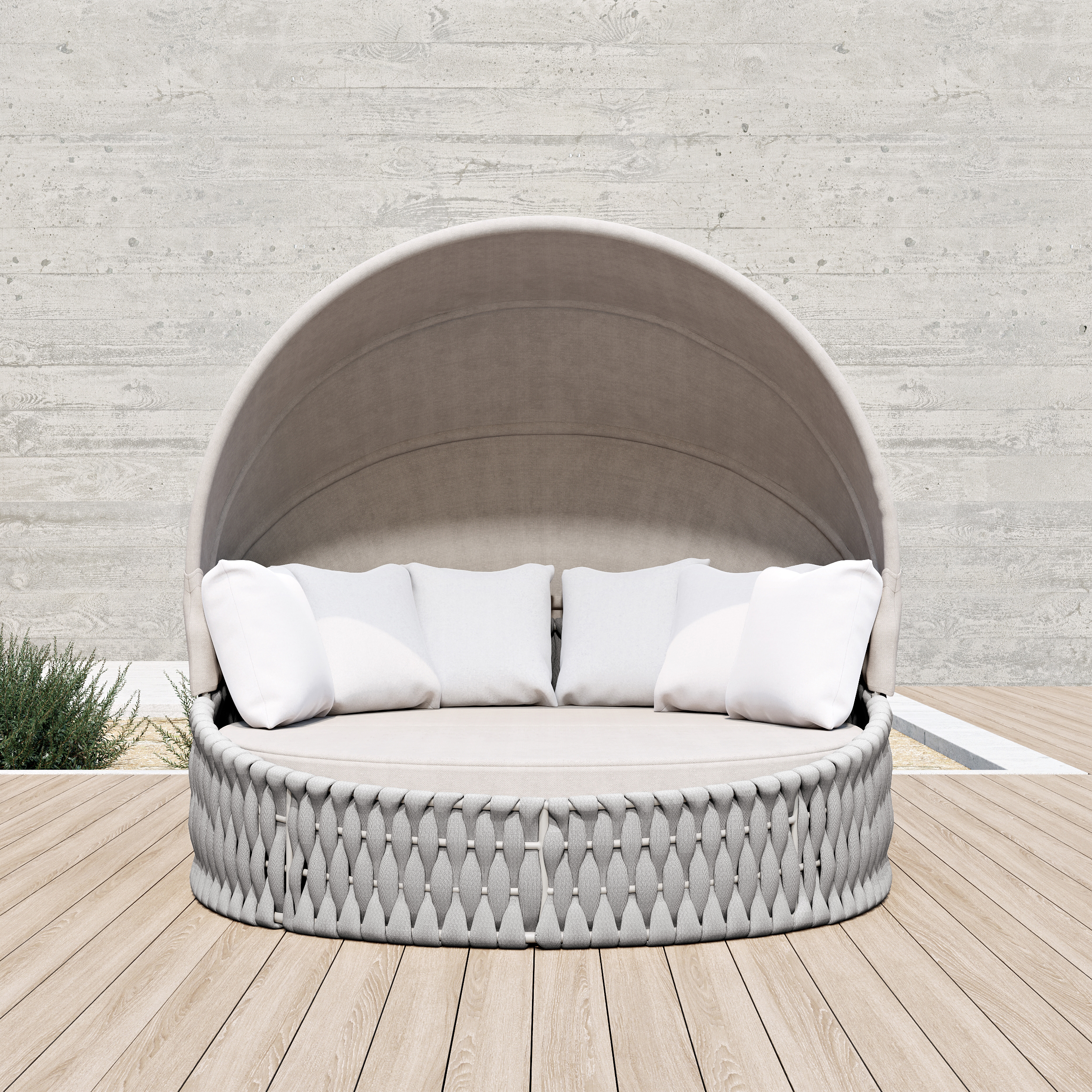 Isla solar Cocaro Round de poliratán para jardín con techo y funda impermeable en color gris