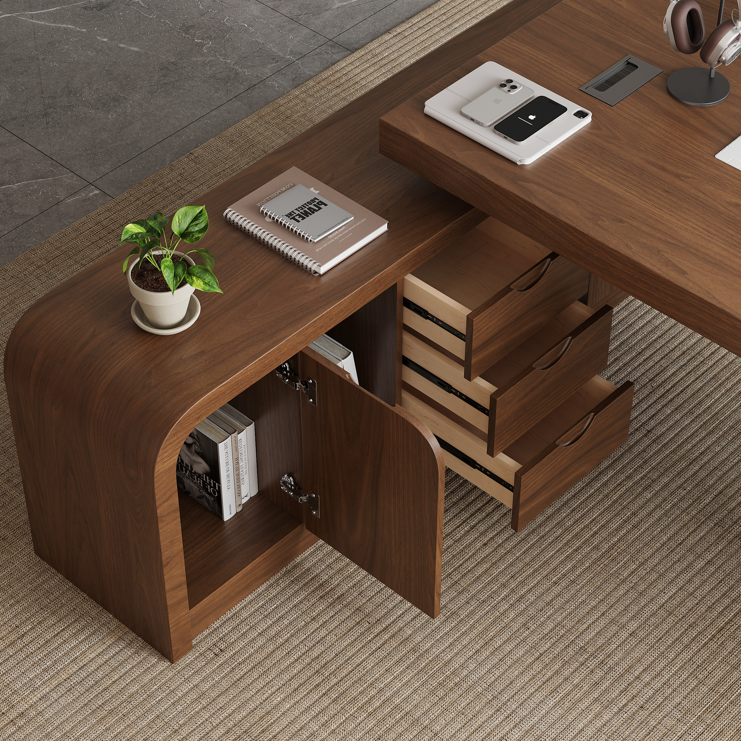 Chicent Walnut L-shaped Modern Computer Desk with Cabinet Left