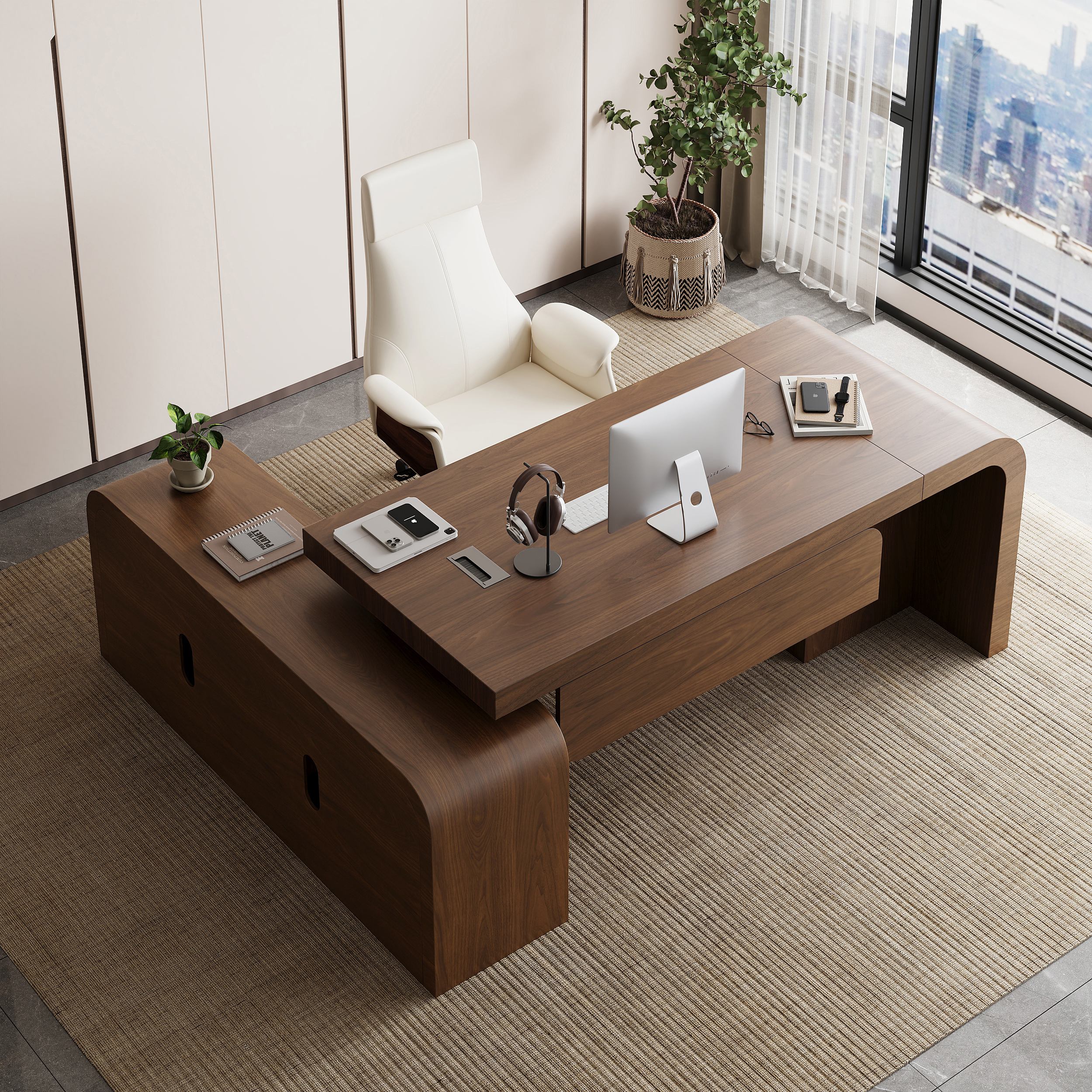 Chicent Walnut L-shaped Modern Executive Desk with Ample Storage Right Hand Office Furniture