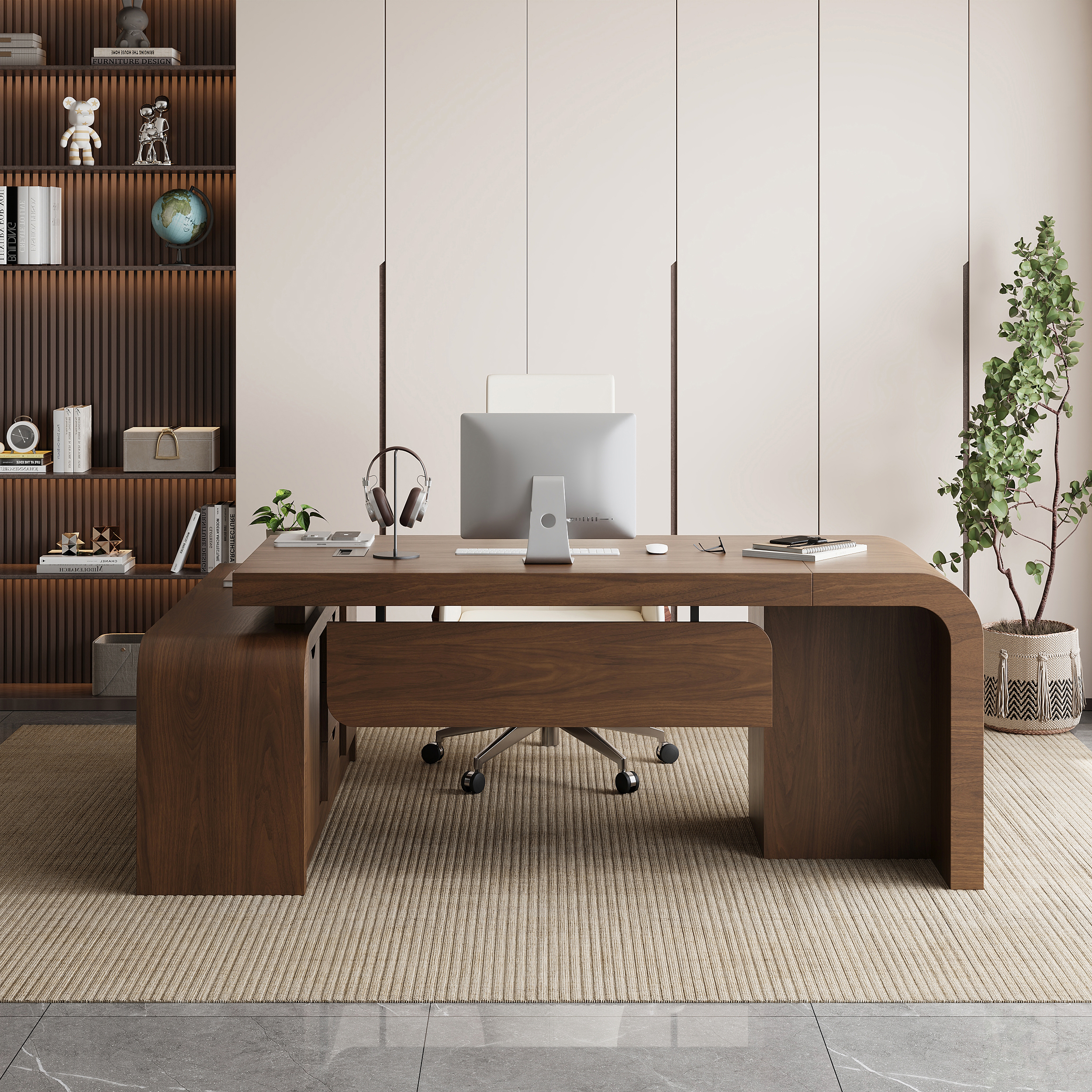 Chicent Walnut L-shaped Modern Executive Desk with Ample Storage Right Hand Office Furniture