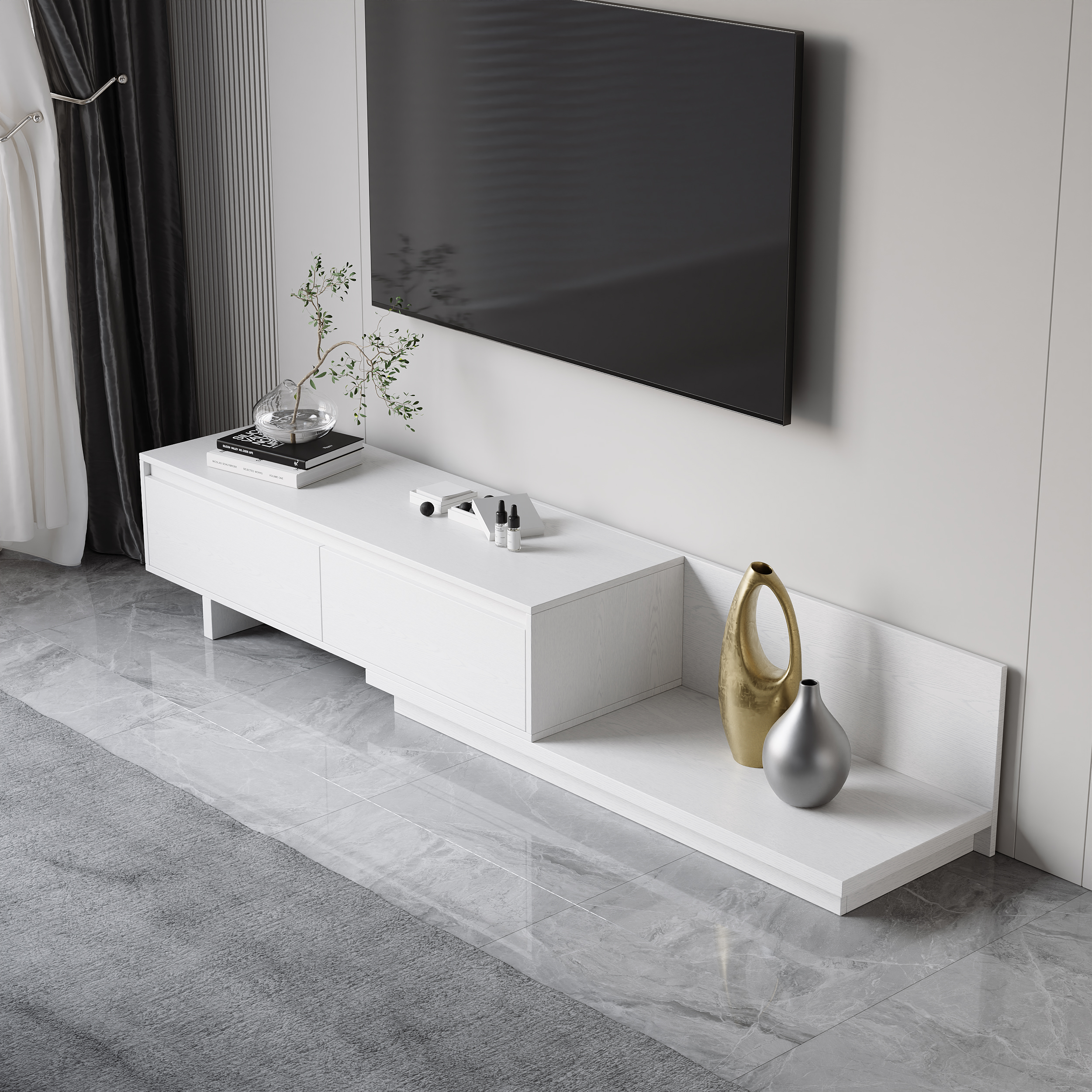 Fero Minimalist Retracted & Extendable 2 Drawers TV Stand in White Up to 75"