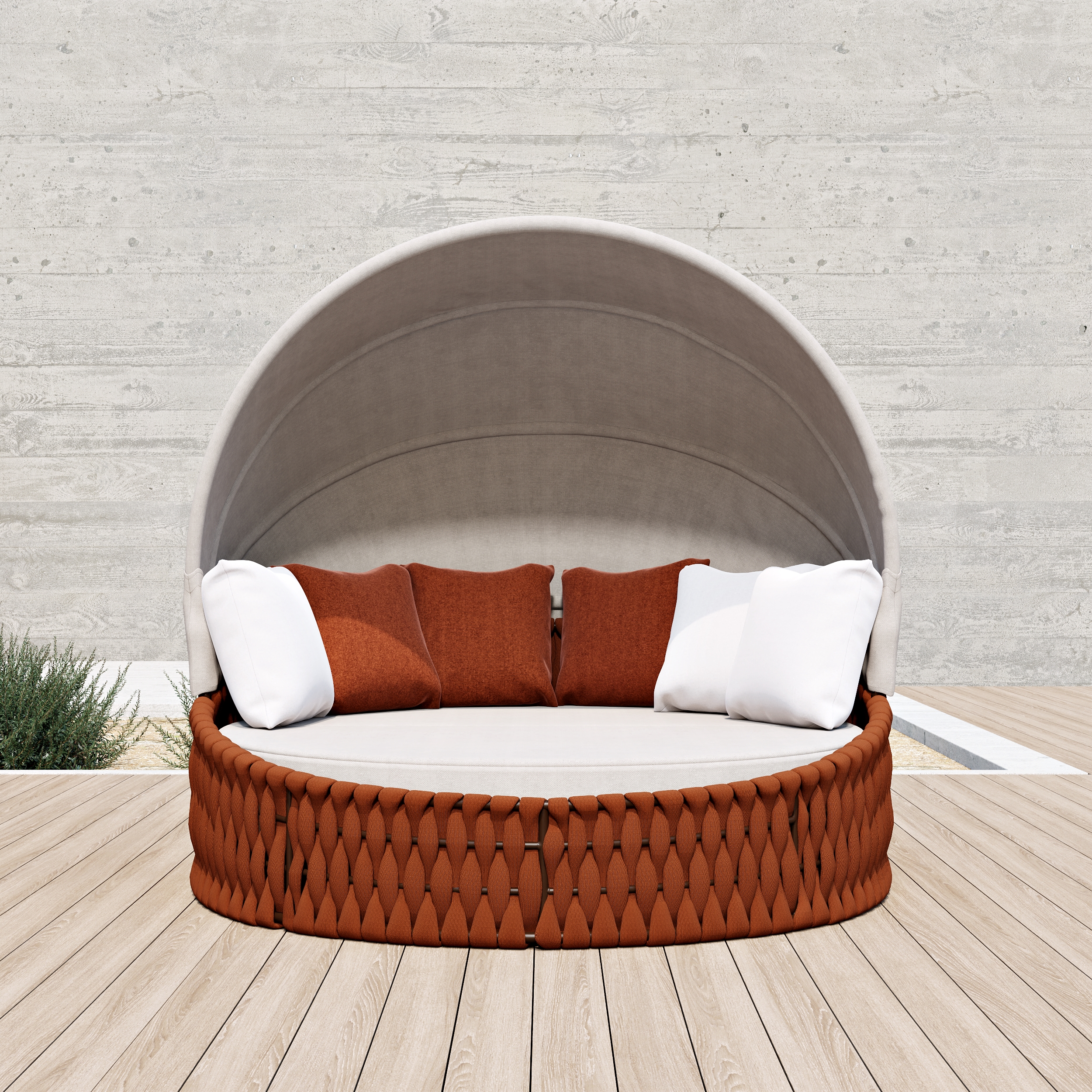 Isla solar redonda de poliratán Cocaro para jardín con techo y funda impermeable en color naranja