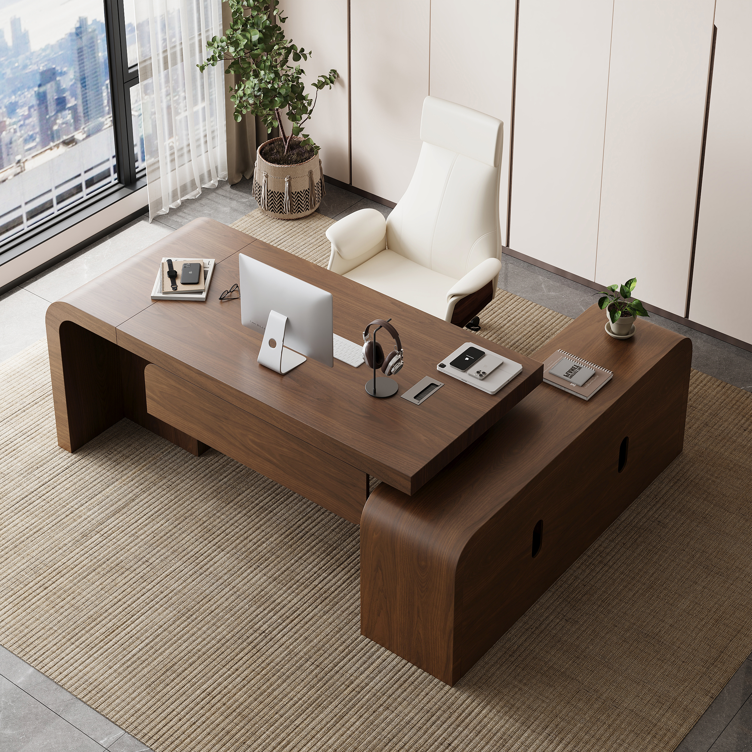 Chicent Walnut L-shaped Modern Computer Desk with Cabinet & Ample Storage Left Hand Office Furniture