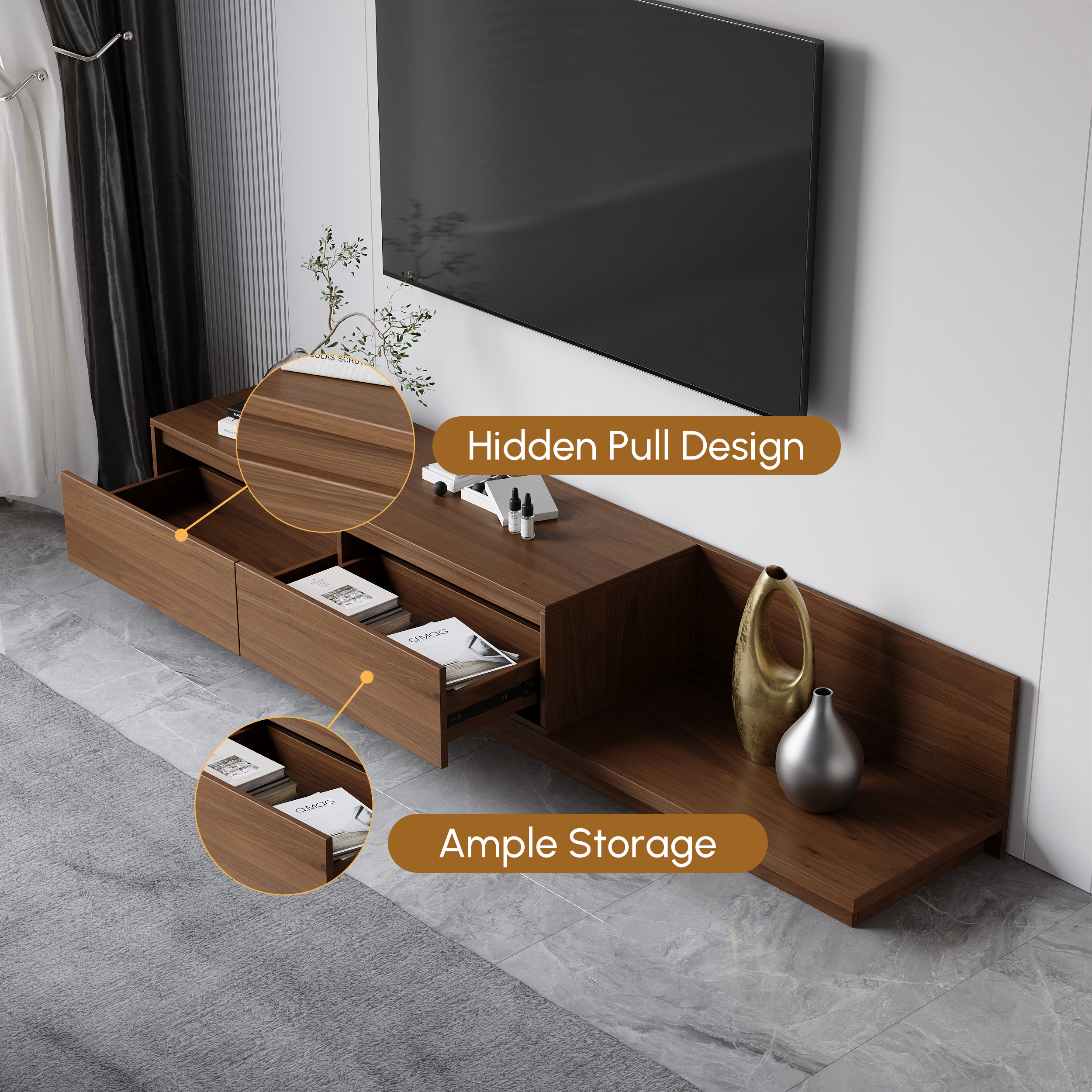 Fero Walnut Extendable TV Stand with 2 Drawers (1200 mm — 2000 mm