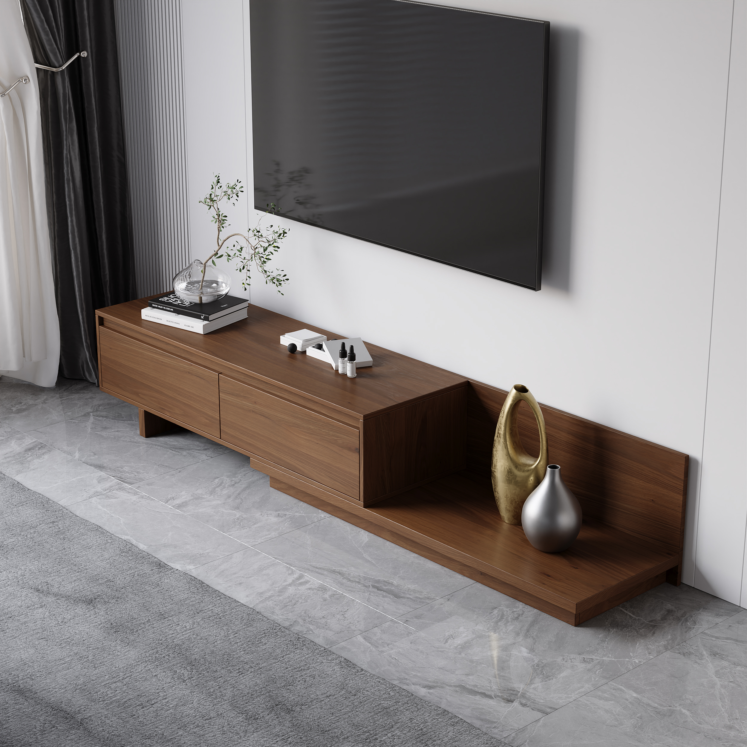 Fero Minimalist Retracted & Extendable 2 Drawers TV Stand in Walnut Up to 75"