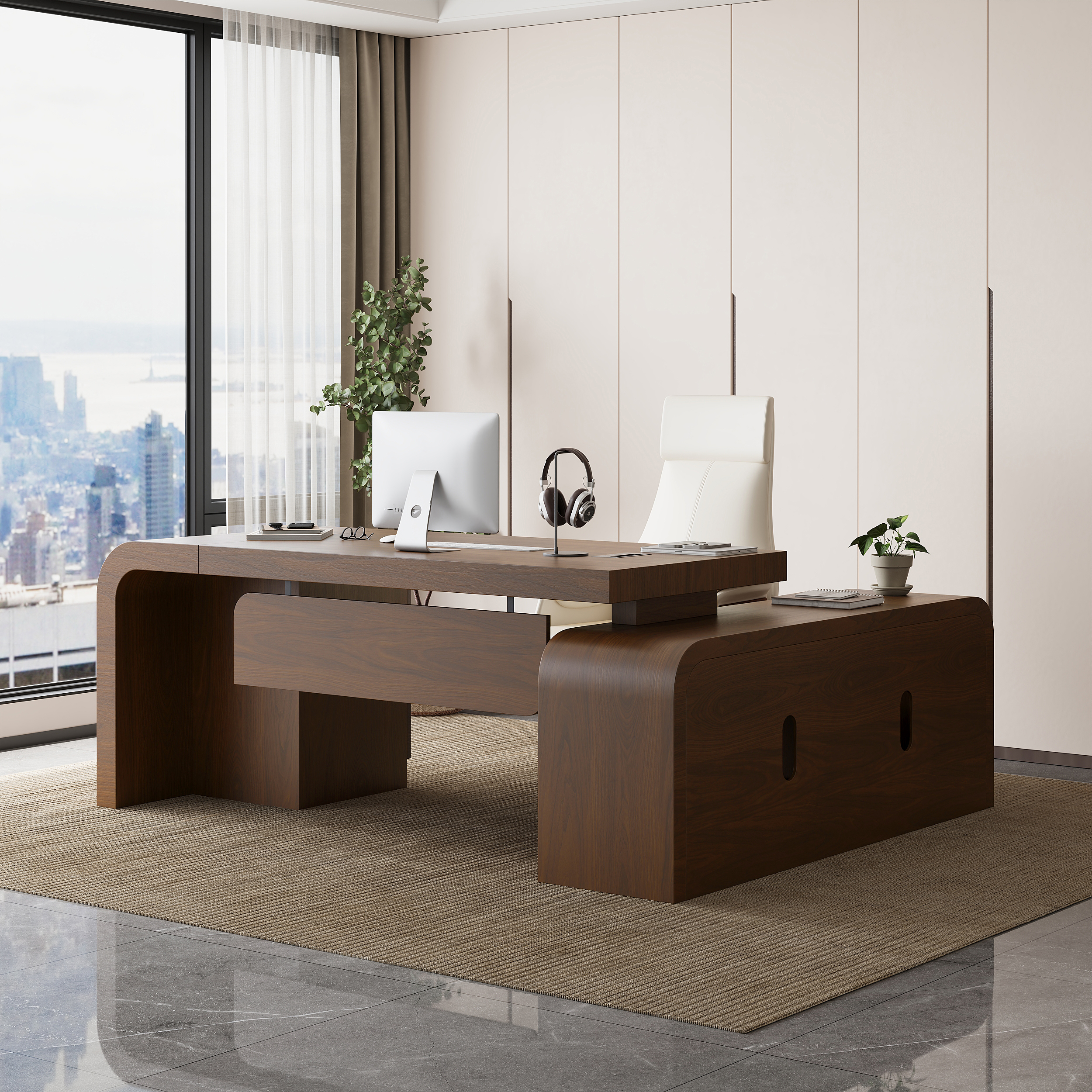 Chicent Walnut L-shaped Modern Computer Desk with Cabinet & Ample Storage Left Hand Office Furniture