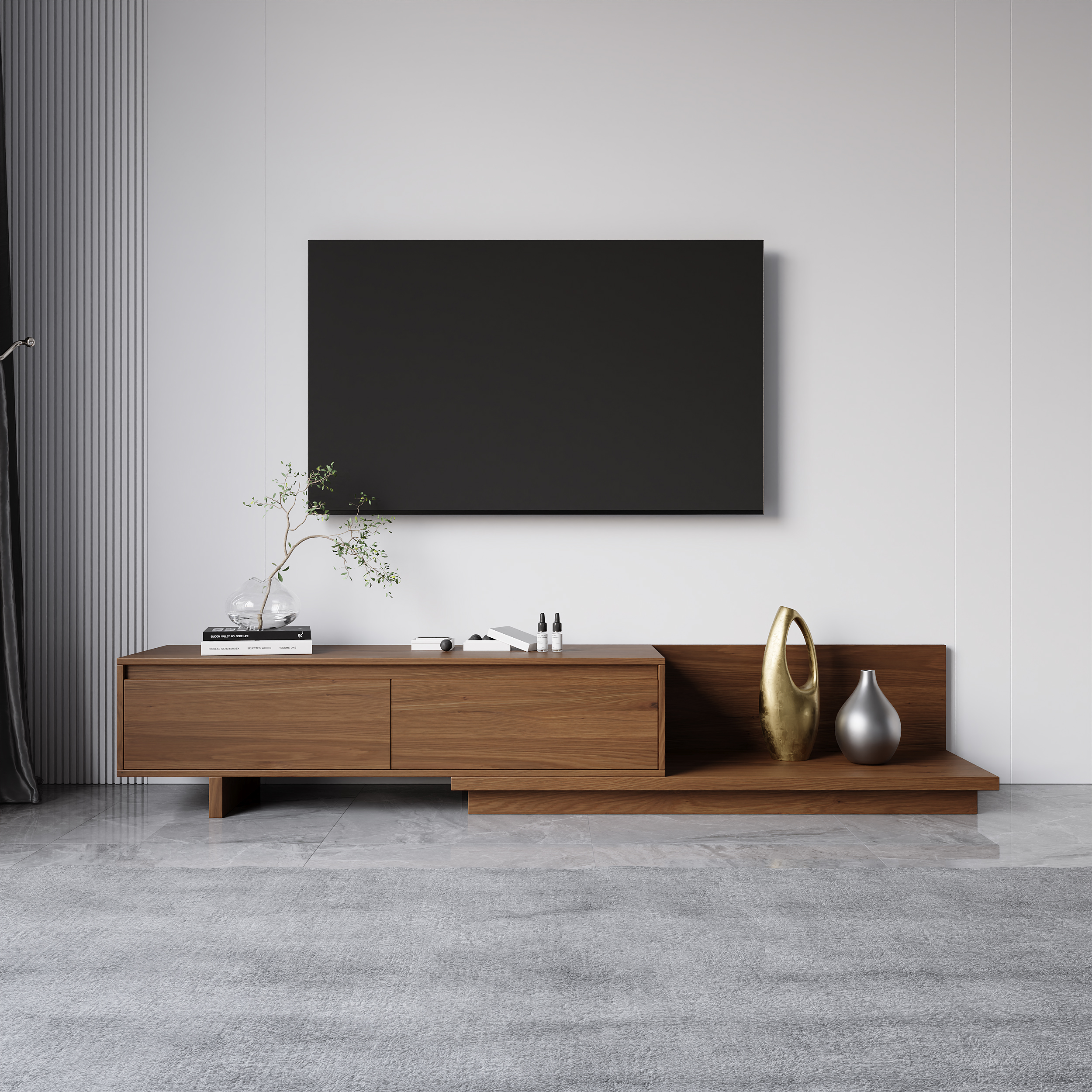 Fero Minimalist Retracted & Extendable 2 Drawers TV Stand in Walnut Up to 75"
