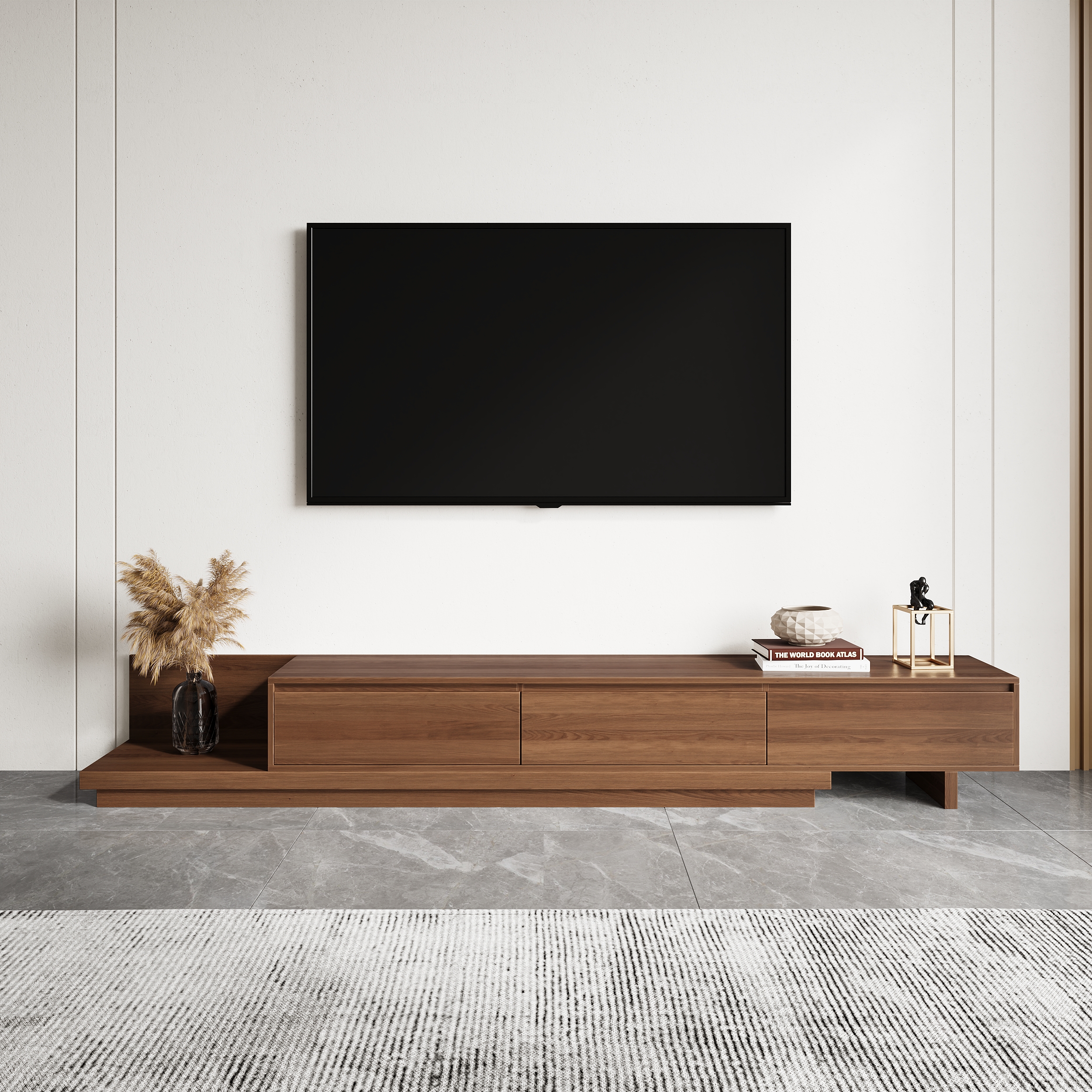 Fero Minimalist Retracted & Extendable 3 Drawers TV Stand in Walnut Up to 120"