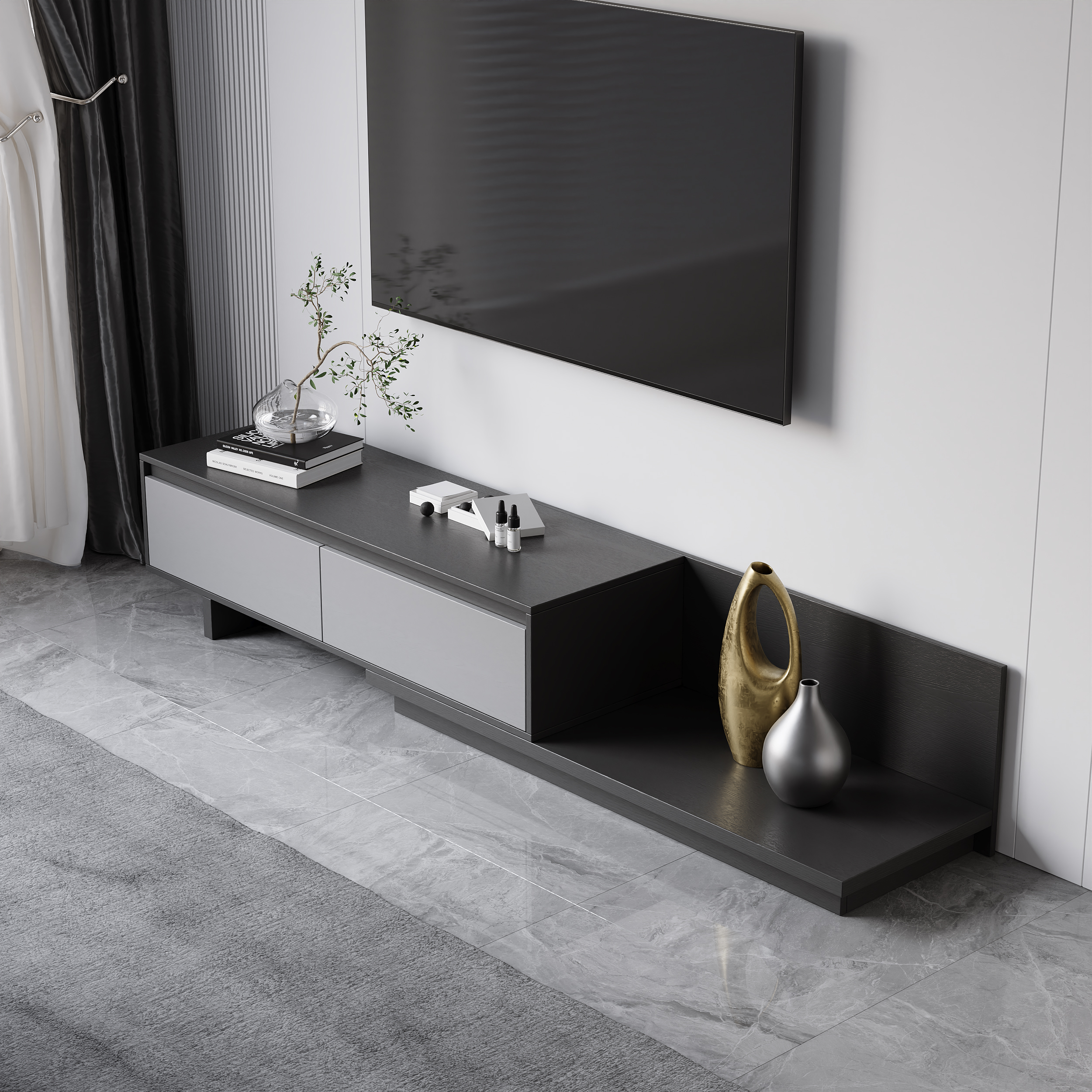 Fero Minimalist Retracted & Extendable 2 Drawers TV Stand in Gray Up to 75"