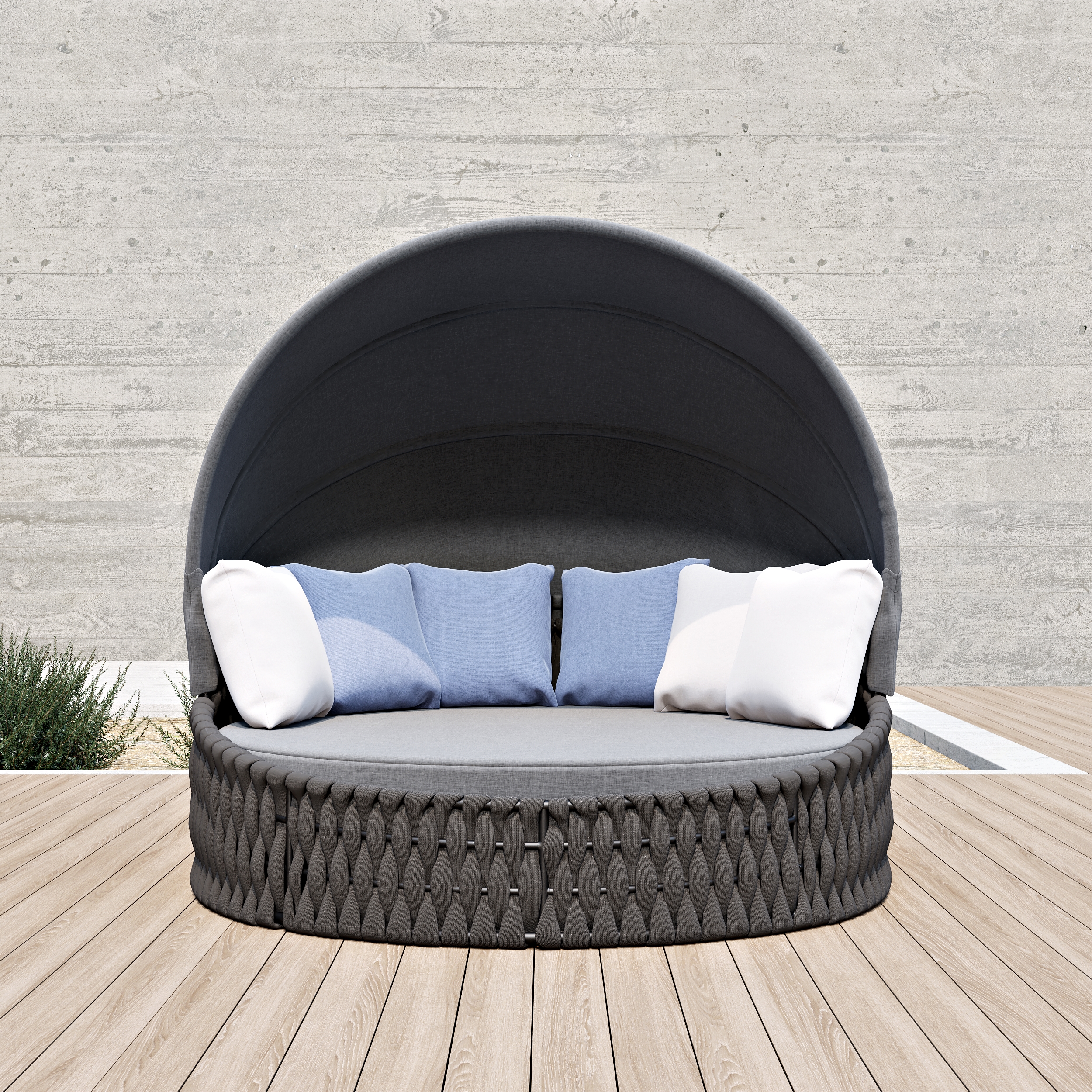 Isla solar Cocaro Round de poliratán para jardín con techo y funda impermeable en color gris