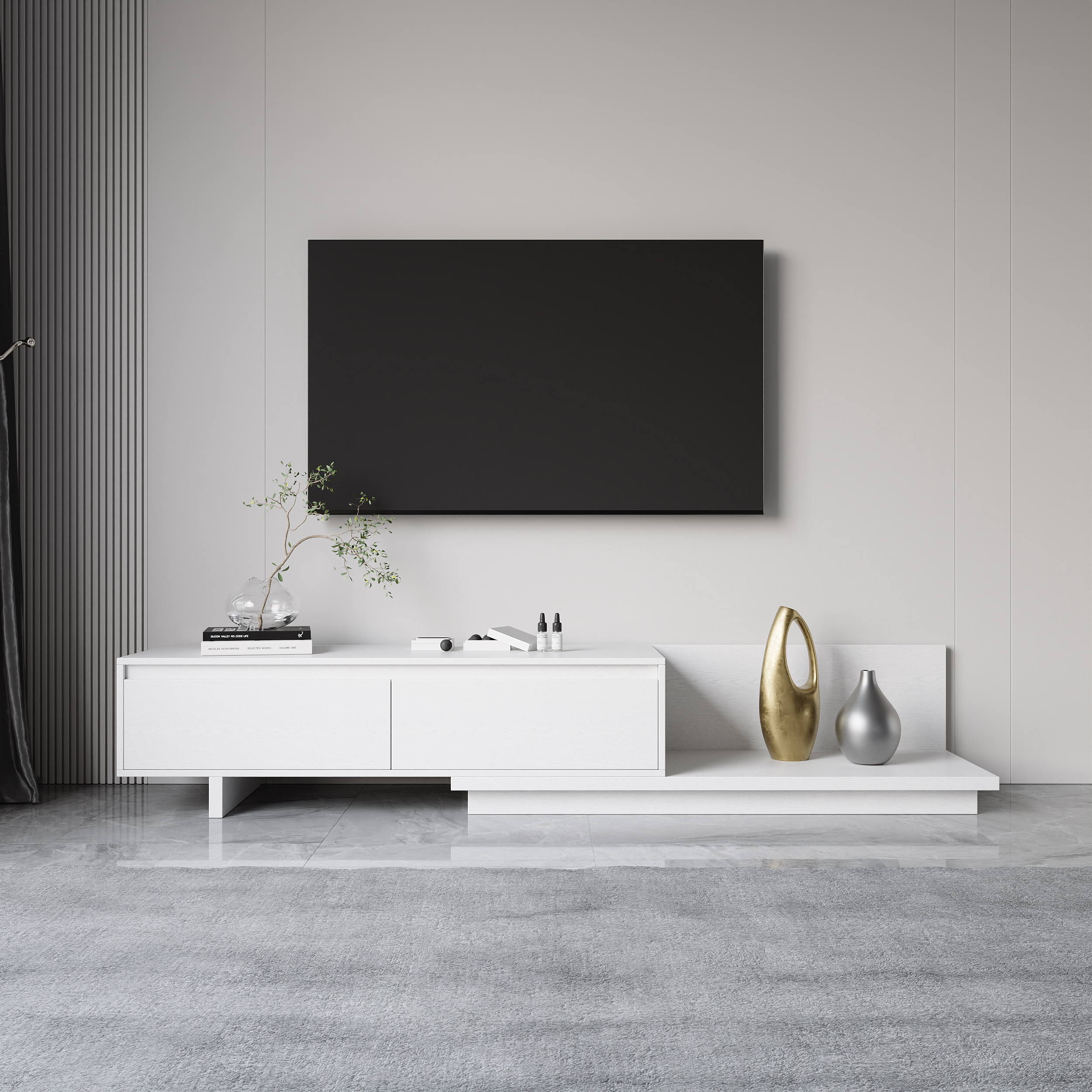 Fero Minimalist Retracted & Extendable 2 Drawers TV Stand in White Up to 75"
