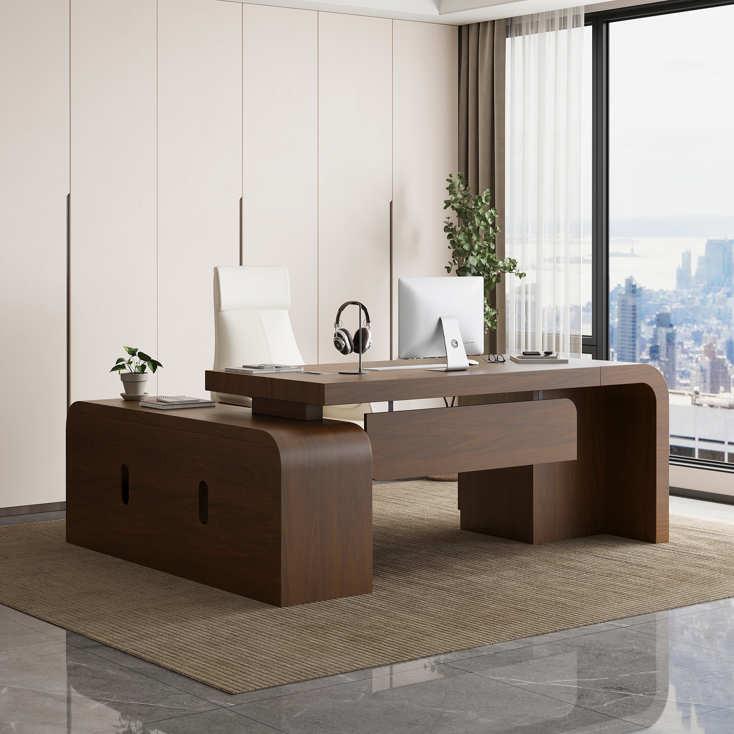 Chicent Walnut L-shaped Modern Executive Desk with Ample Storage Right Hand Office Furniture
