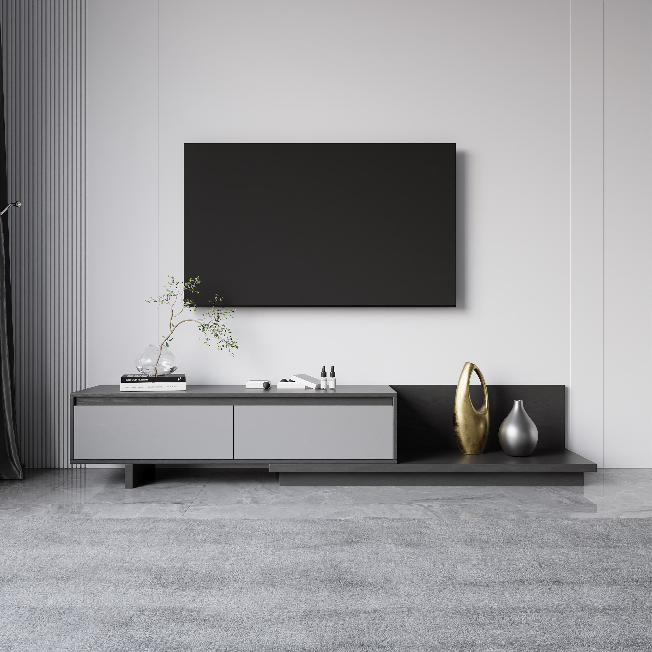 Fero Minimalist Retracted & Extendable 2 Drawers TV Stand in Gray Up to 75"
