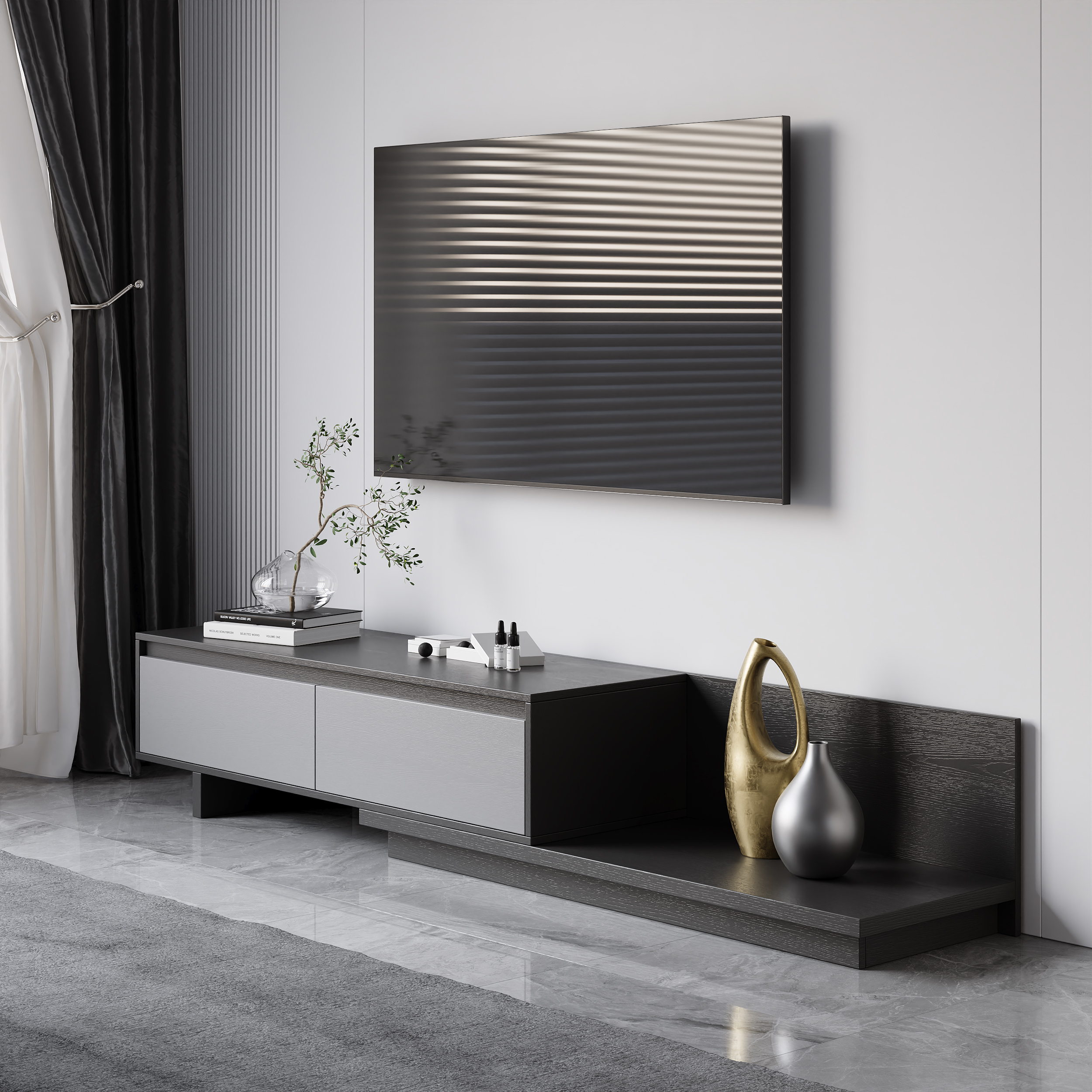 Soporte extensible para TV Fero Grey con 2 cajones (1200 mm-2000 mm)