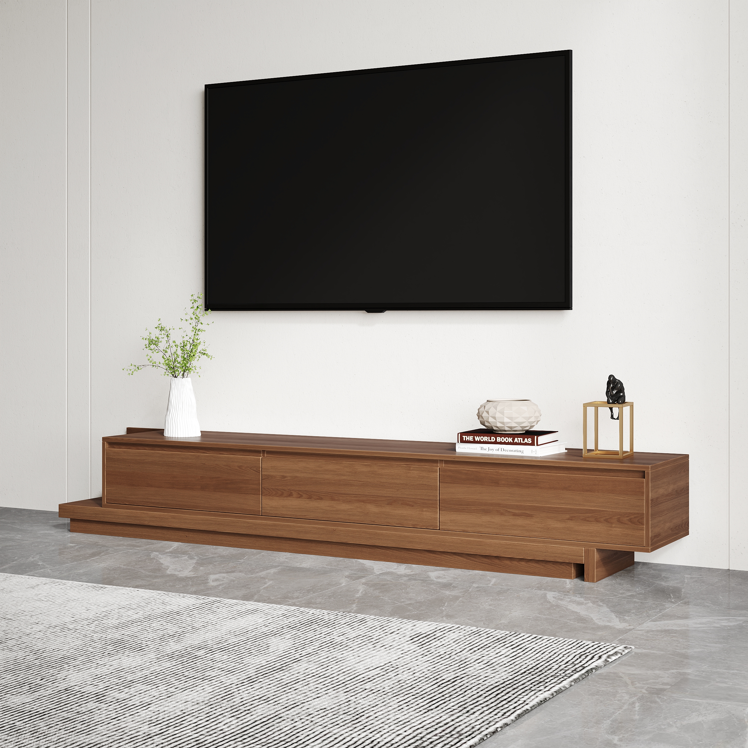 Fero Minimalist Retracted & Extendable 3 Drawers TV Stand in Walnut Up to 120"