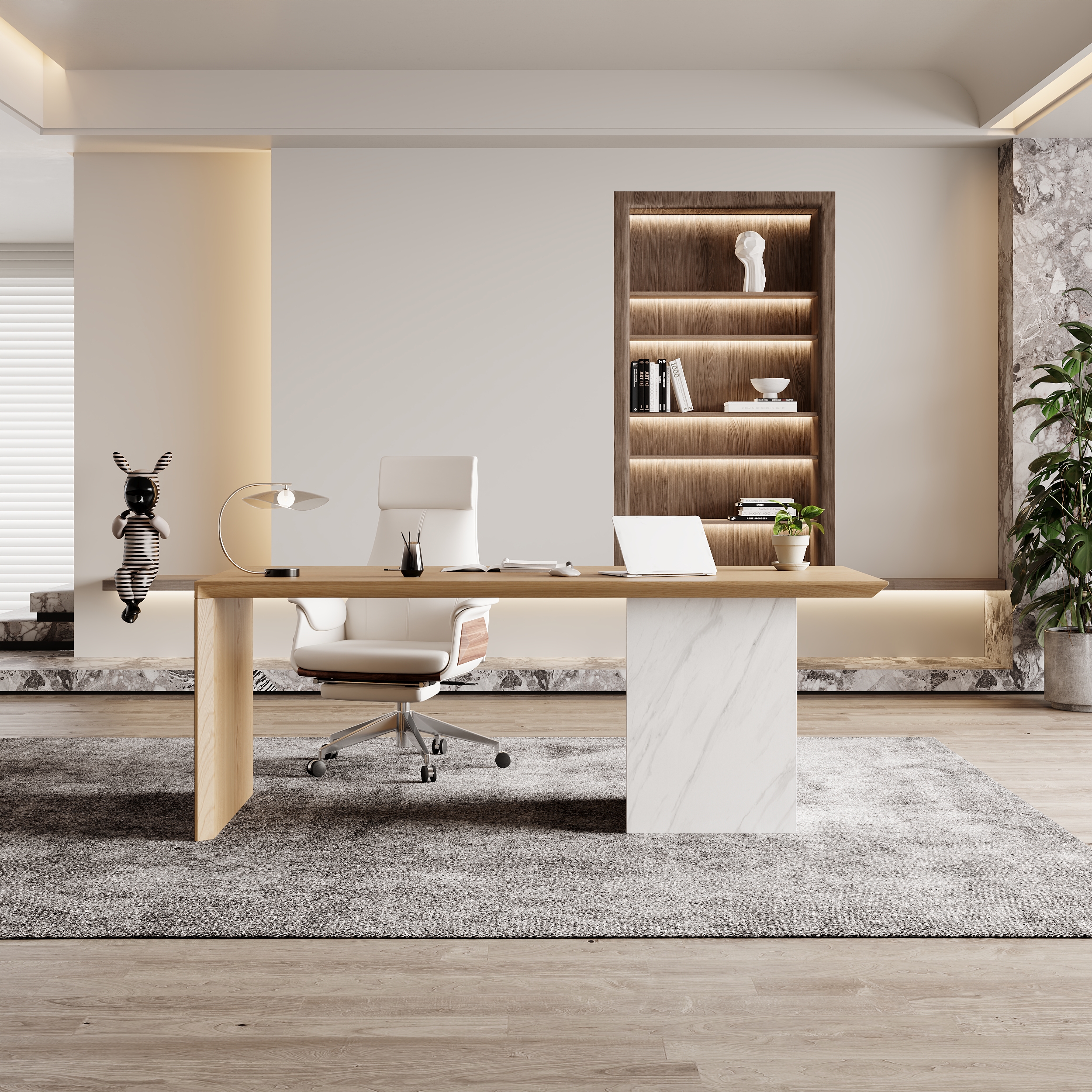 Modern White & Natural Wooden Home Office Desk with Movable File Cabinet Office Furniture