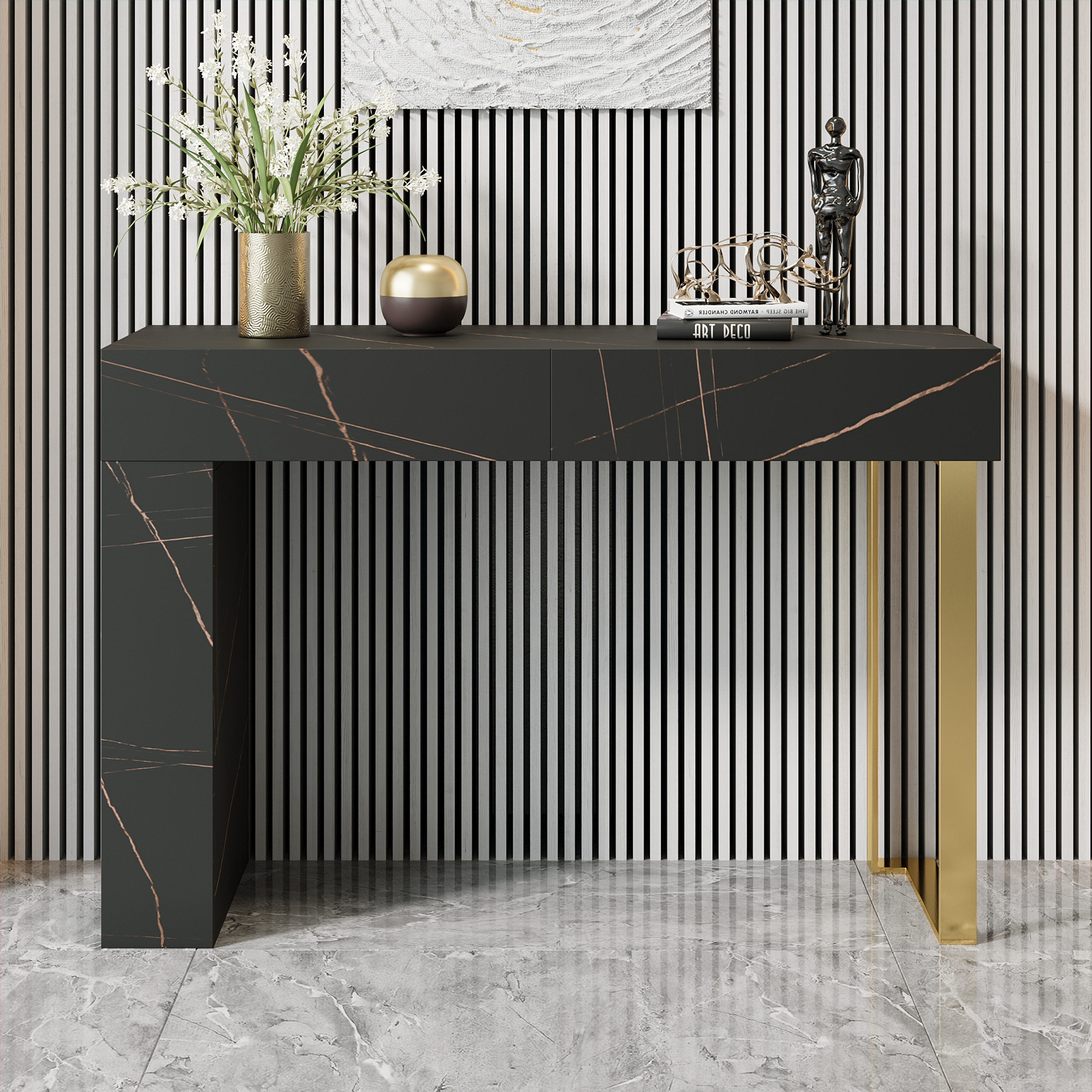 47.2" Black Console Table Modern Accent Table For Entryway with 2 Drawers & Stainless Steeel Base