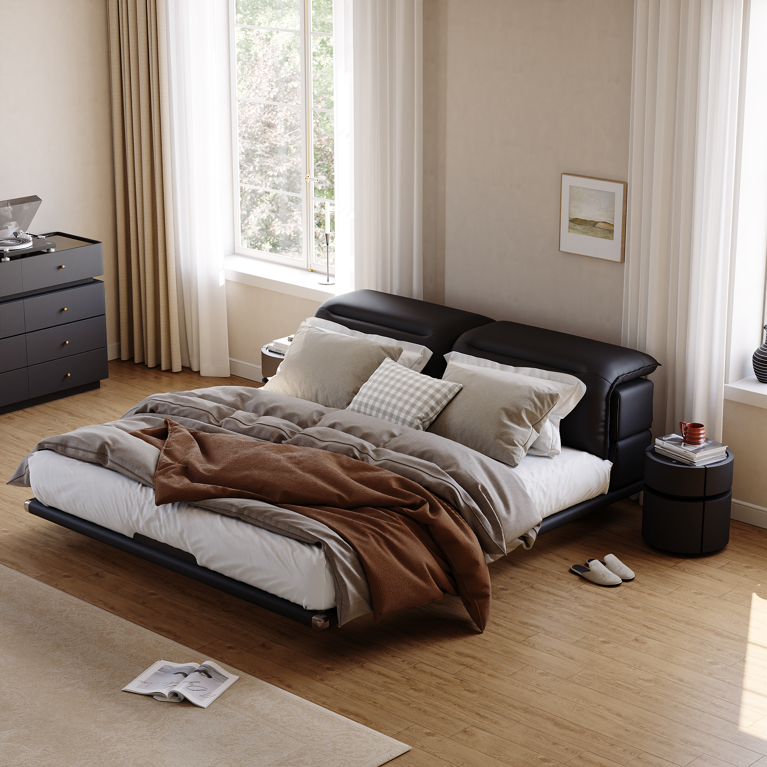 Modern Leather King Size Floating Bedroom Set with Light & Adjustable Headboard