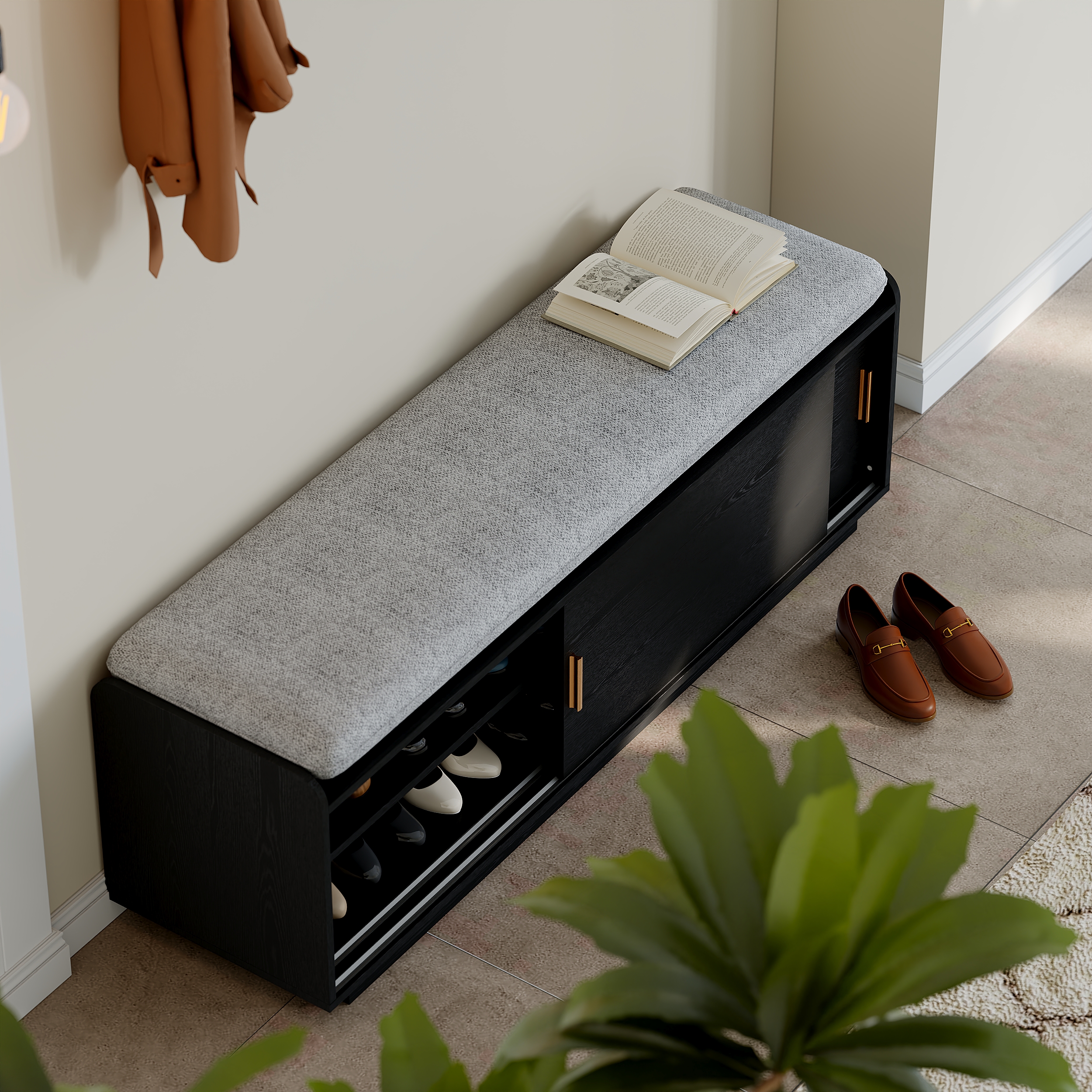 2 Doors Shoe Storage Entryway Bench Black Shoe Rack (53")