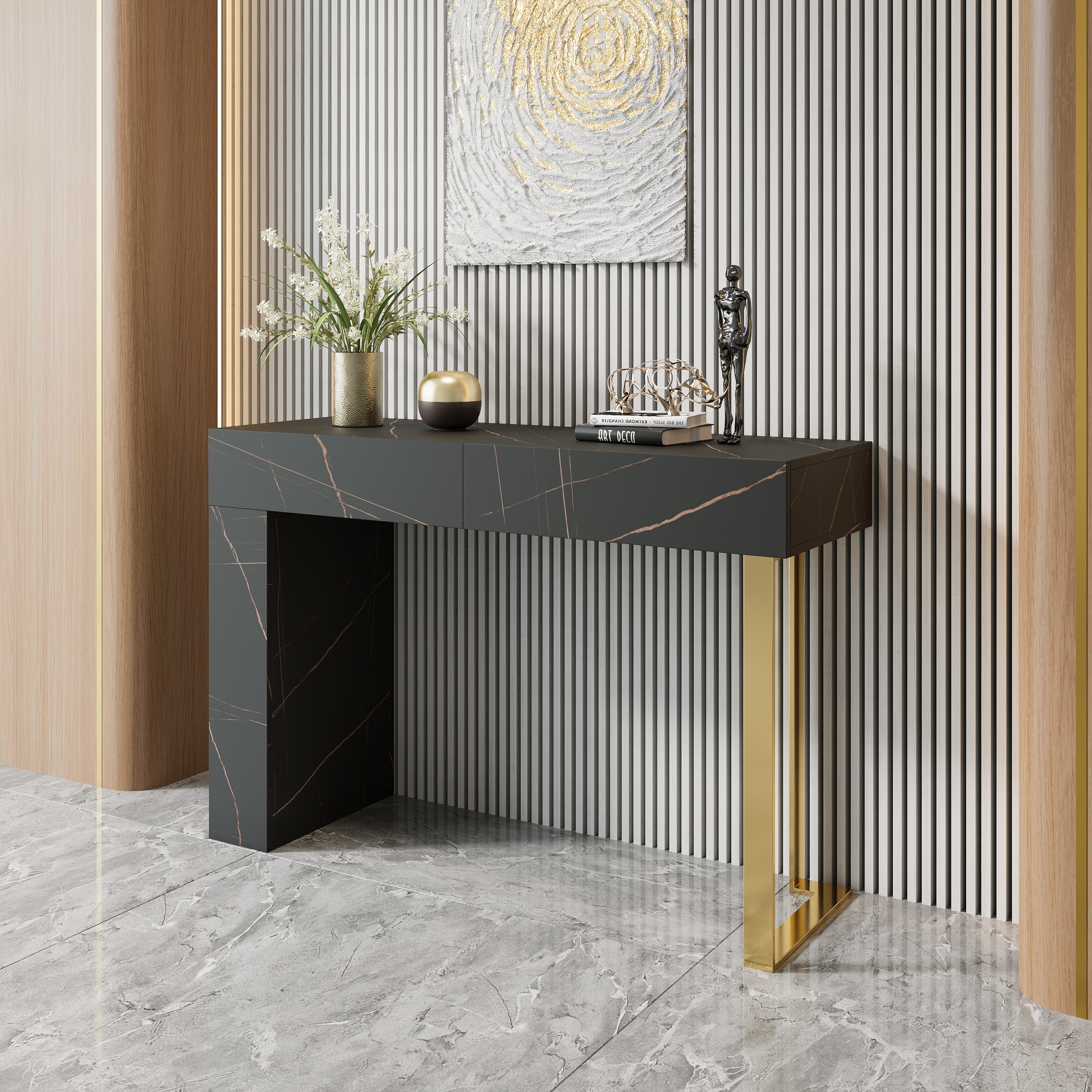 1200mm Black Console Table Modern Accent Table For Entryway with 2 Drawers & Stainless Steeel Base in Gold-image-online-en-uk-54621