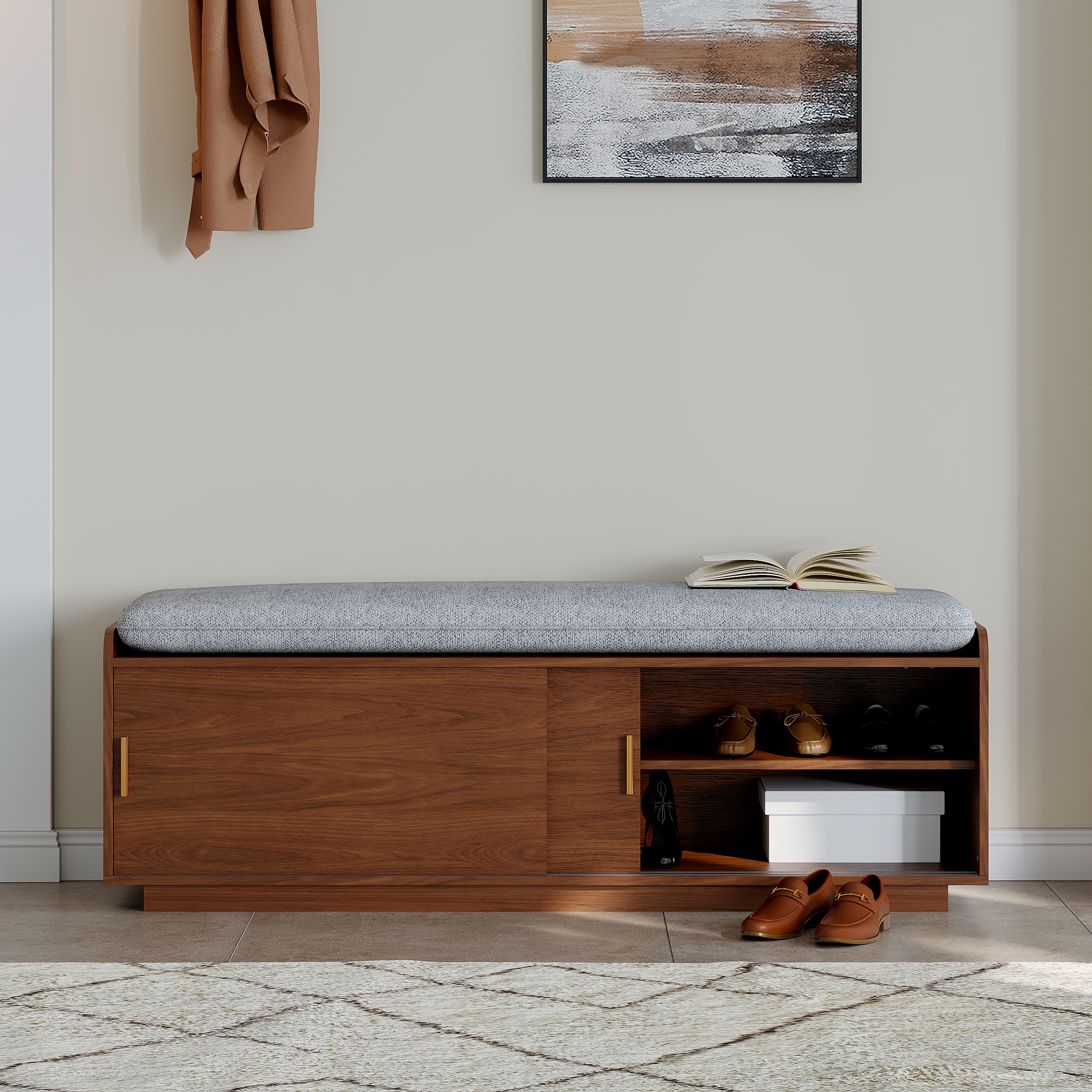 2 Doors Shoe Storage Entryway Bench Walnut Shoe Rack (53")