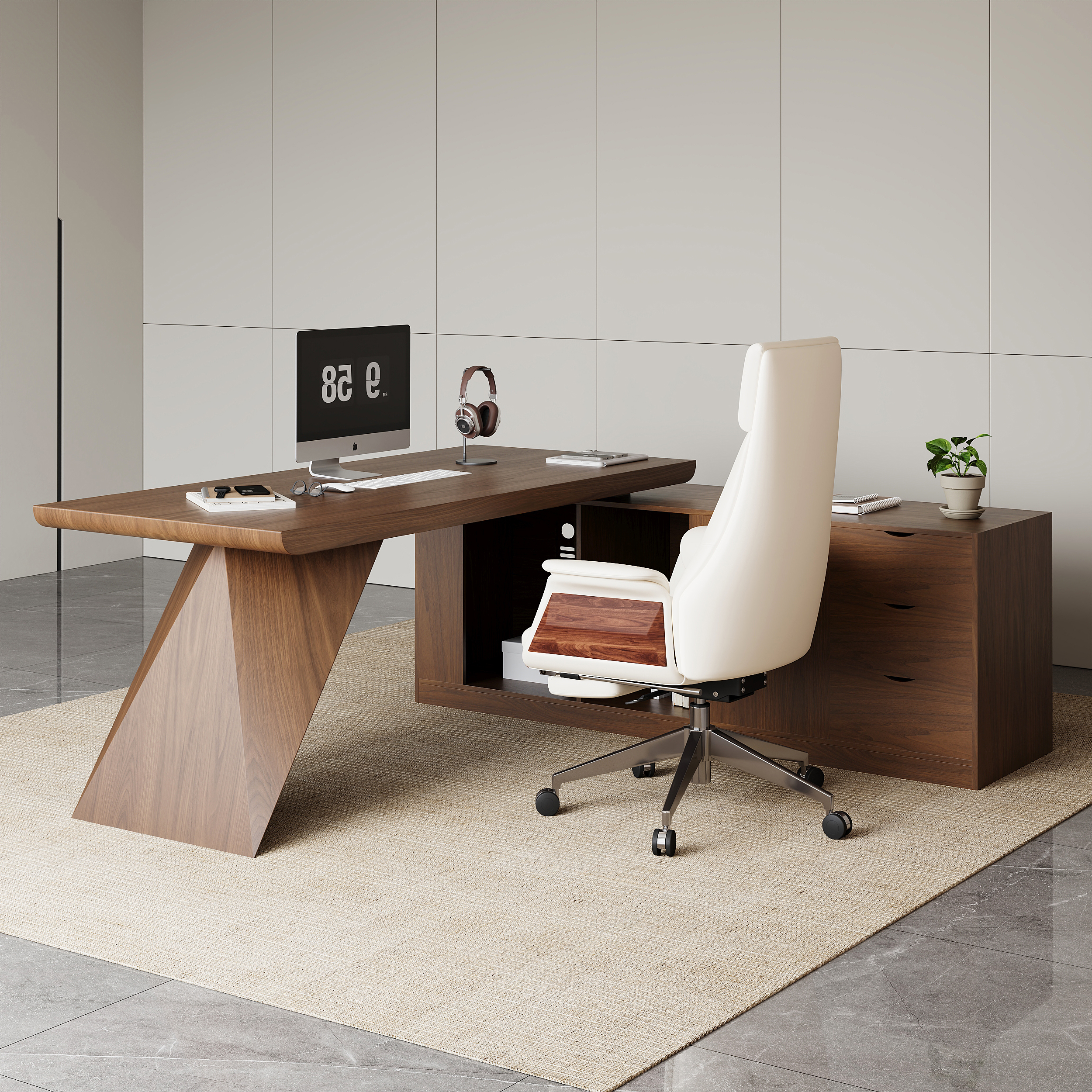 Modern Walnut L-Shape Executive Desk Drawers & Cabinet Home Office Desk Right Hand (70.9"