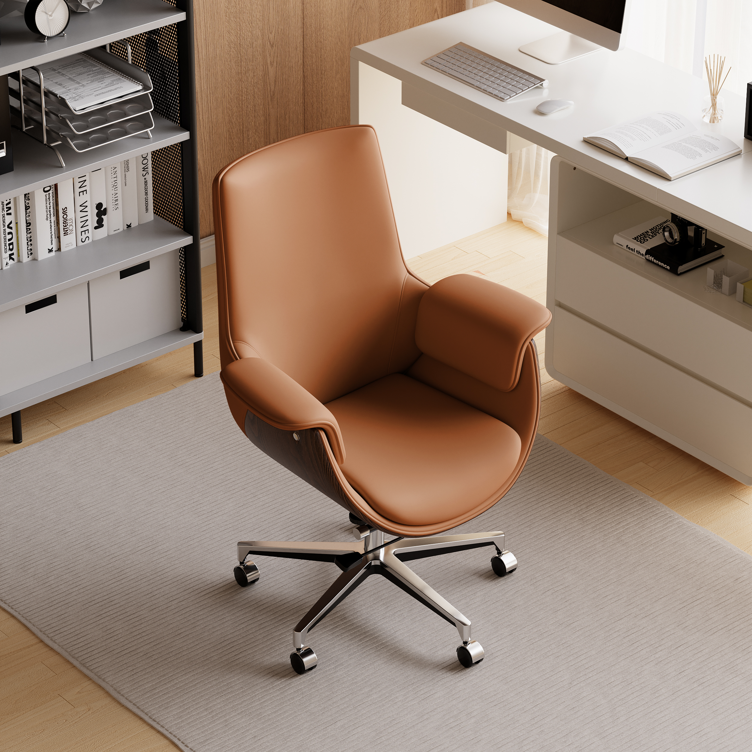 Brown Leather Modern Home Office Chair Upholstered High Back Desk Chair Wood Grain Frame