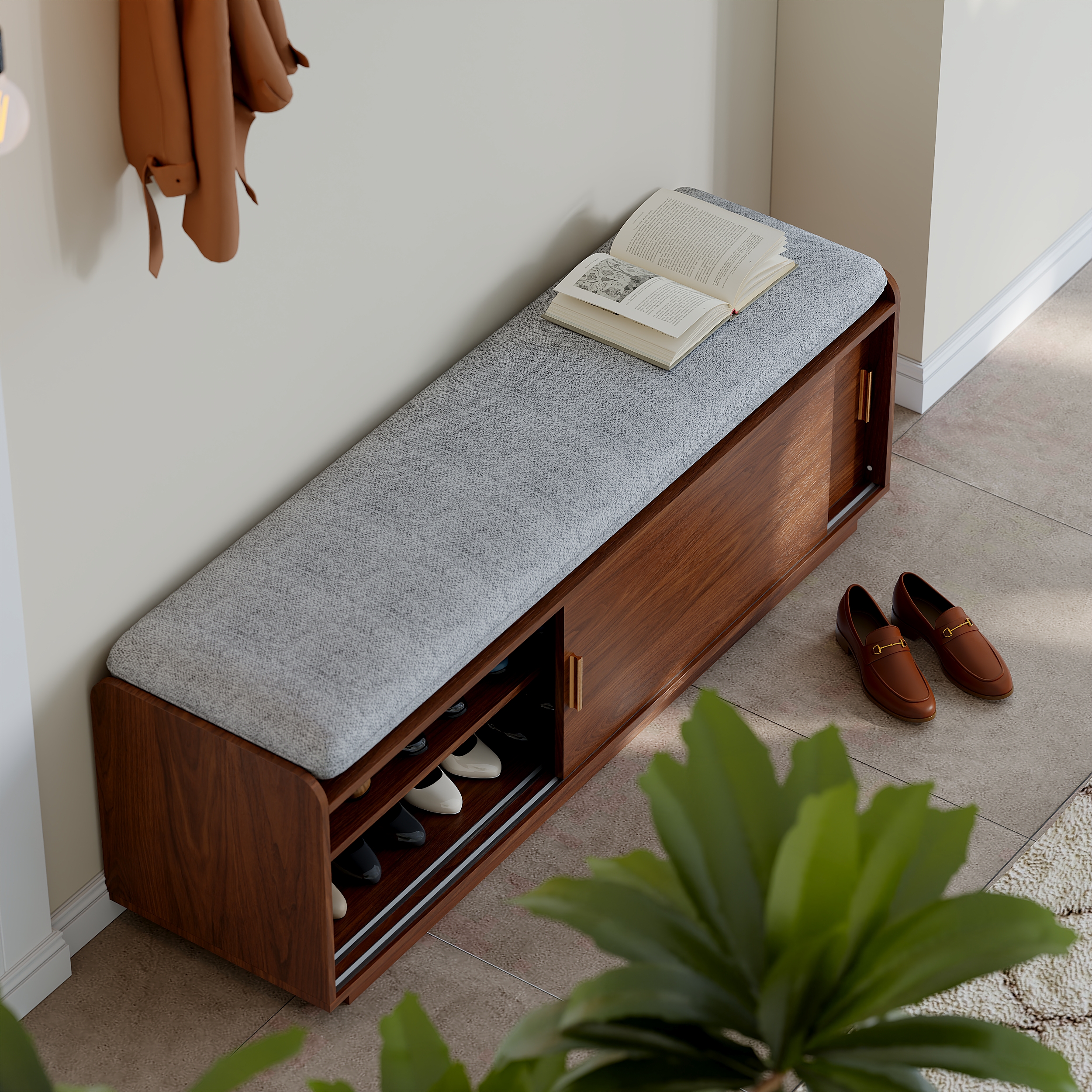 2 Doors Shoe Storage Entryway Bench Walnut Shoe Rack (53")