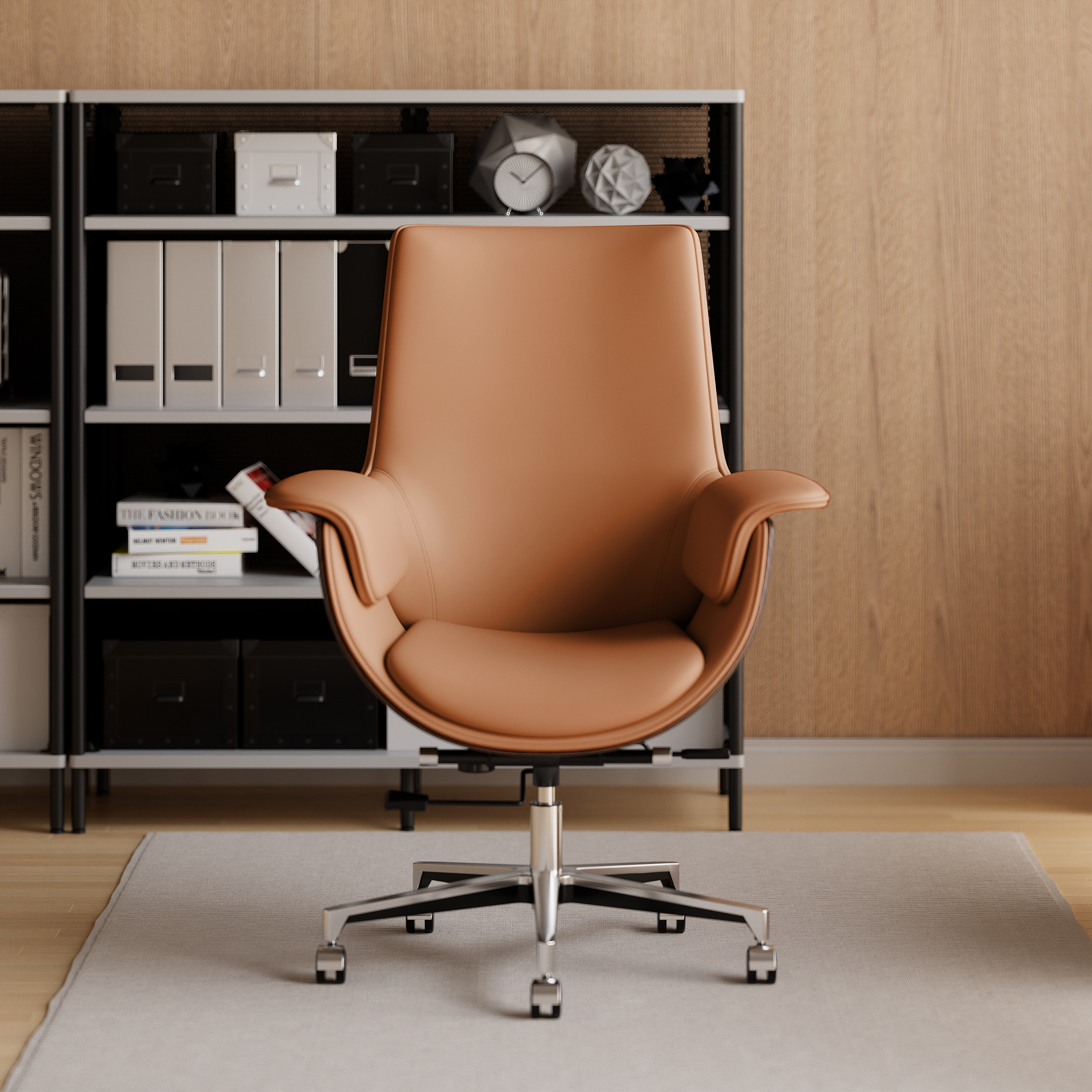 Brown Leather Modern Home Office Chair Upholstered High Back Desk Chair Wood Grain Frame