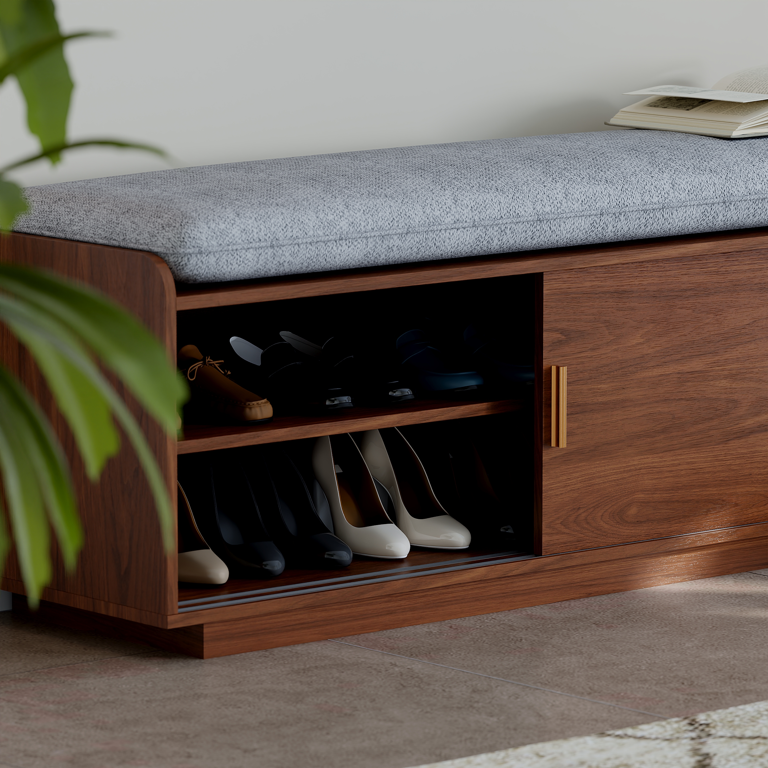 Scarpiera Panca In Legno Massello 90 Cm – Stile Mid-Century Con Cuscino Ecopelle – Noce