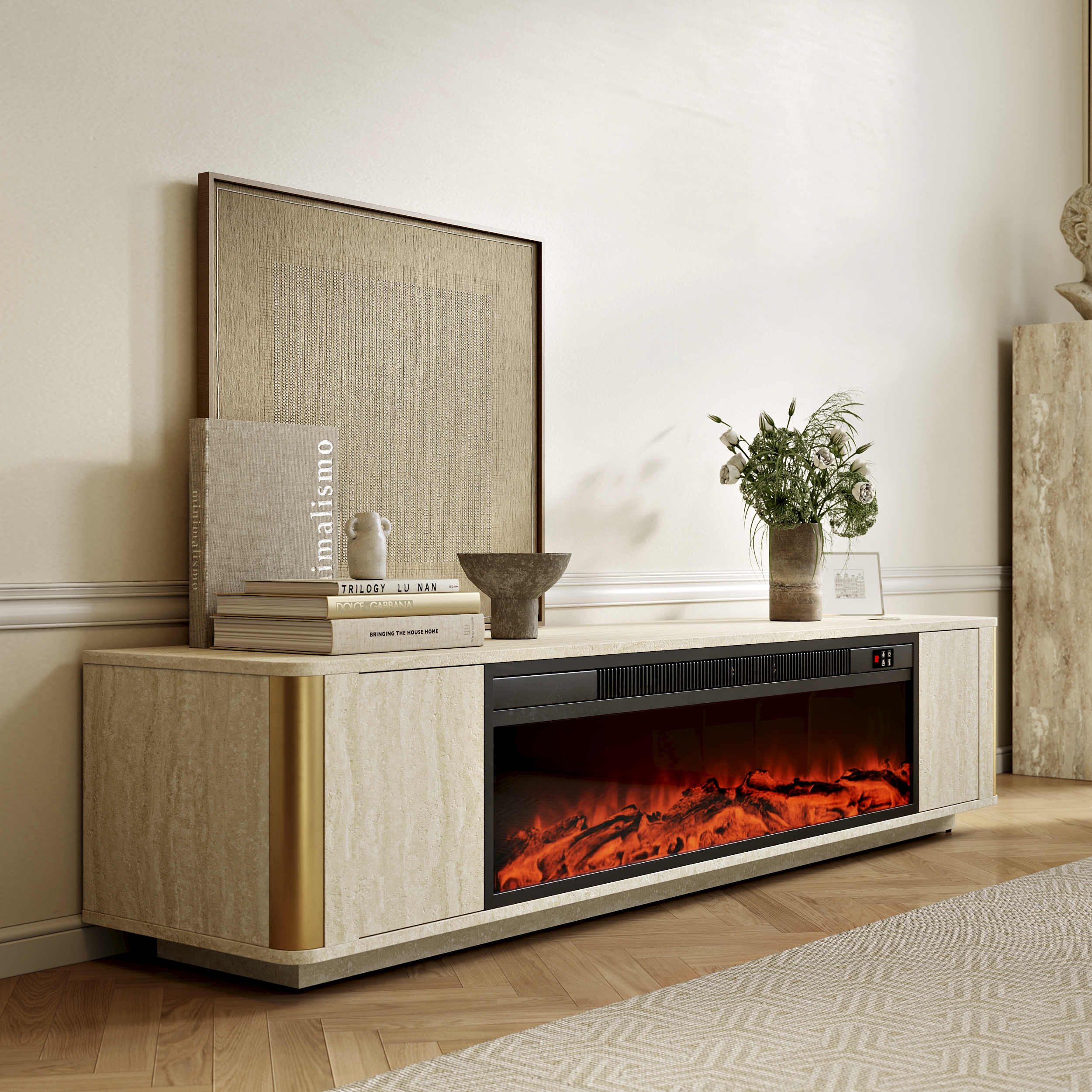 79" Travertine Veneer Electric Fireplace TV Stand with Storage in Oatmeal For living Room