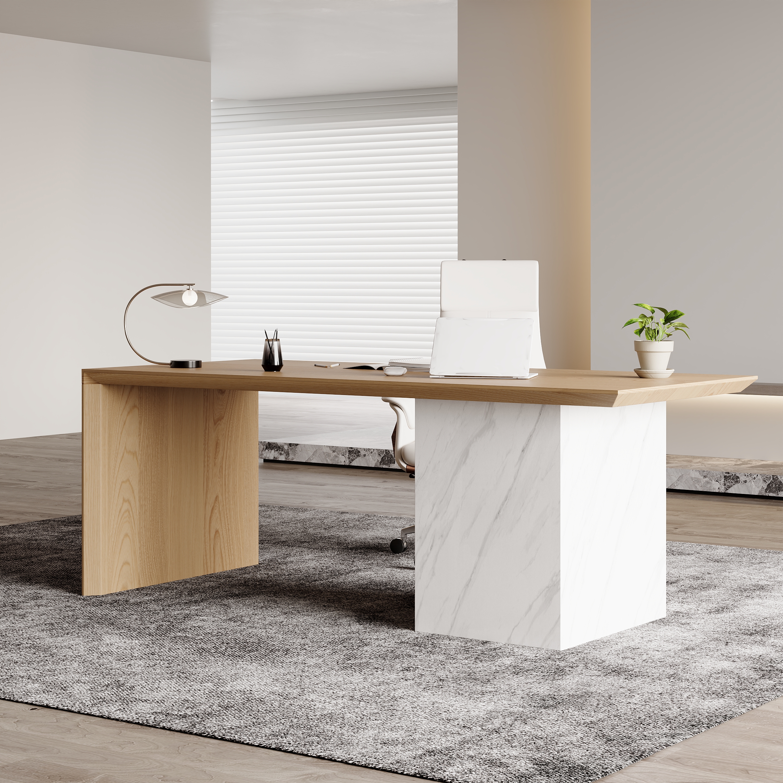 Modern White & Natural Wooden Home Office Desk with Movable File Cabinet Office Furniture
