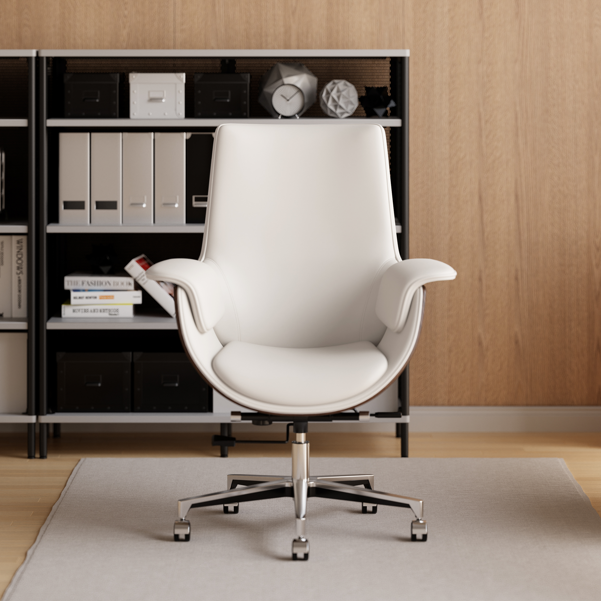 Warm White Leather Modern Home Office Chair Upholstered High Back Desk Chair Wood Grain