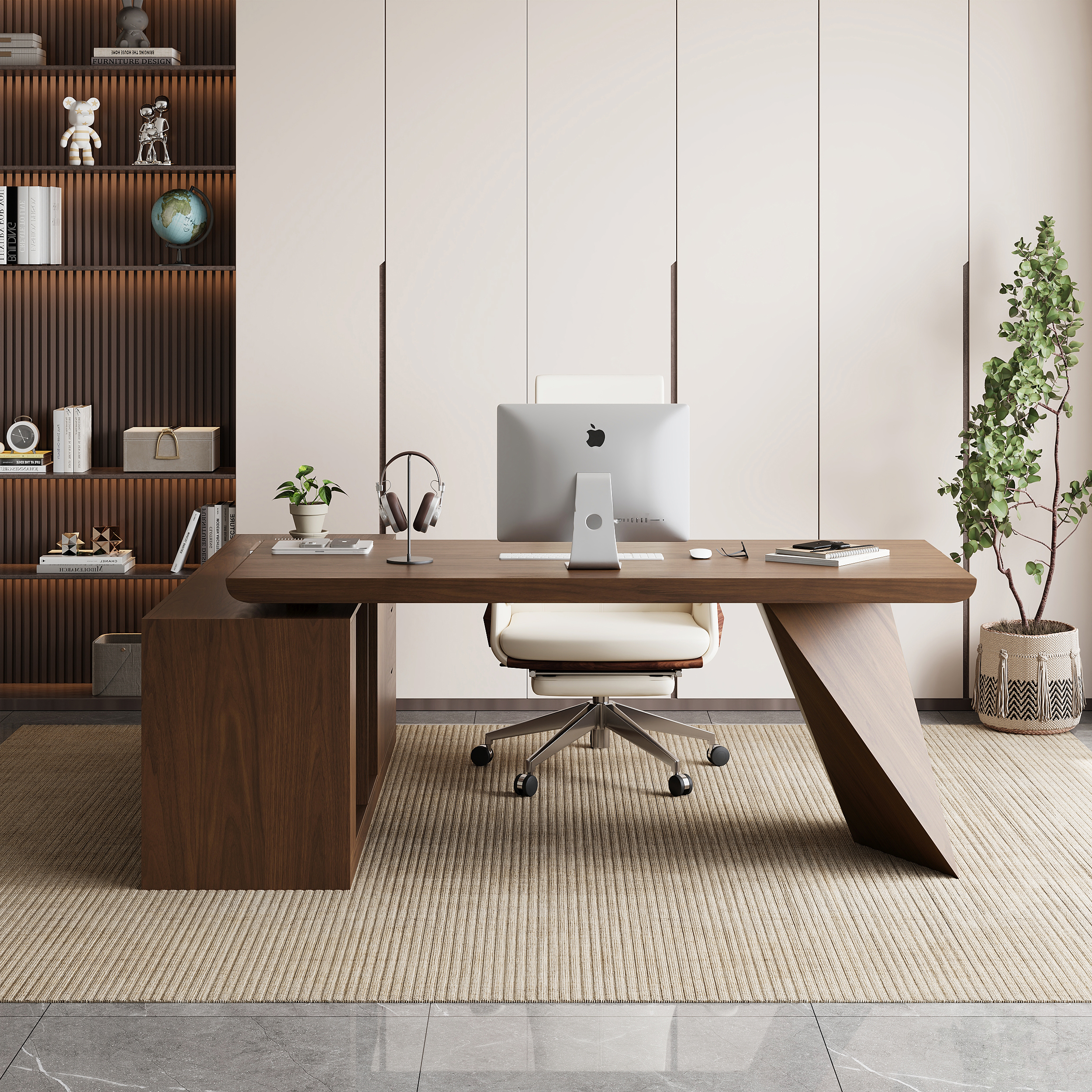 Modern Walnut L-Shape Executive Desk Drawers & Cabinet Home Office Desk Right Hand (70.9"