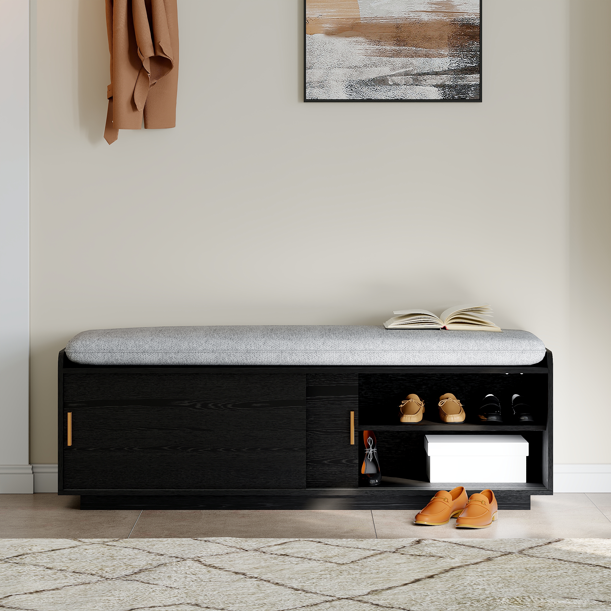 2 Doors Shoe Storage Entryway Bench Black Shoe Rack (53")