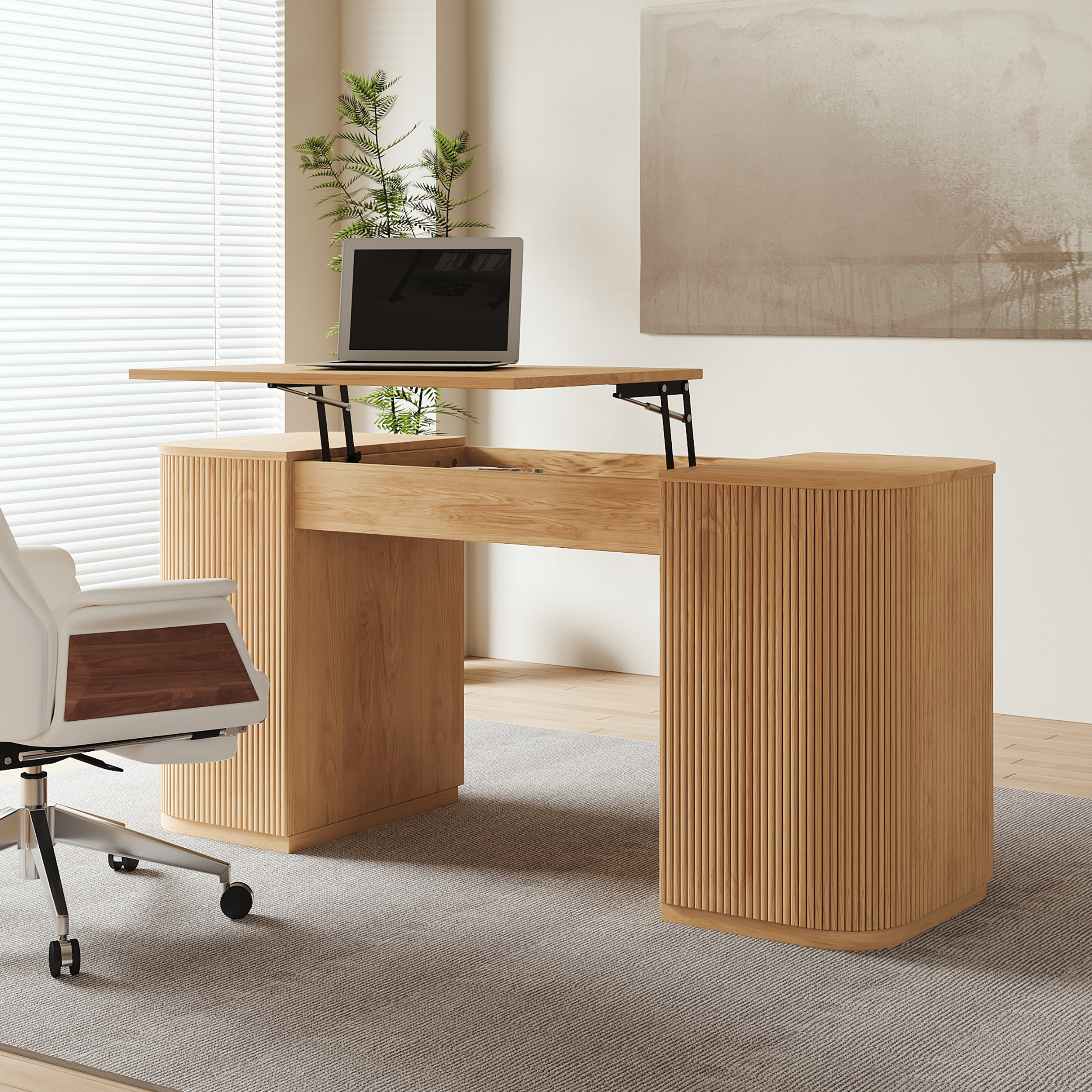 Conjunto de escritorio de computadora moderno de pie natural y silla de trabajo giratoria tapizada (59.8 pulgadas)-image-online-es-es-55621