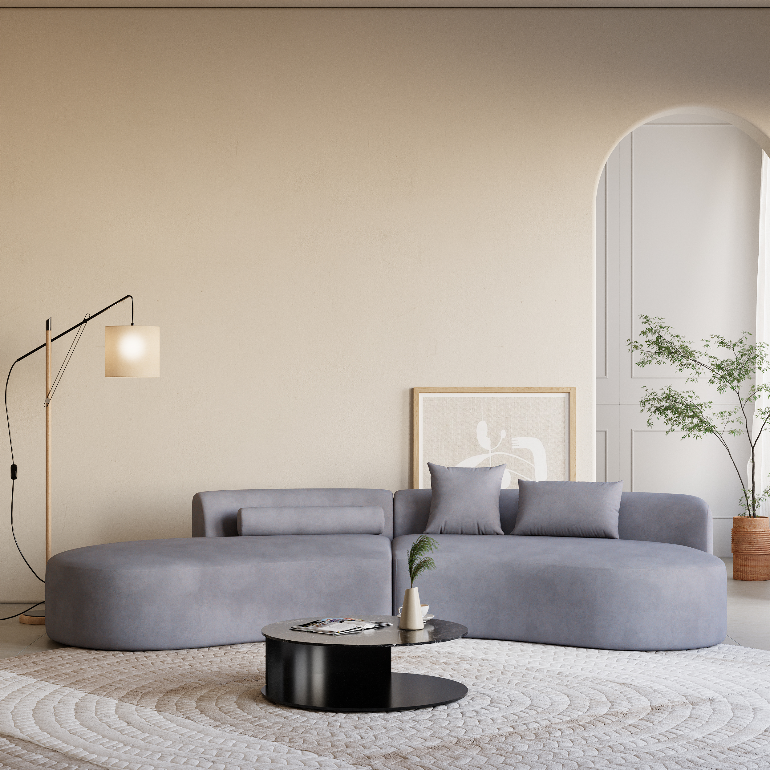 109" Modern Curved Velvet Sectional Sofa 2 Piece 4-Seater Chaise with 3 Pillows