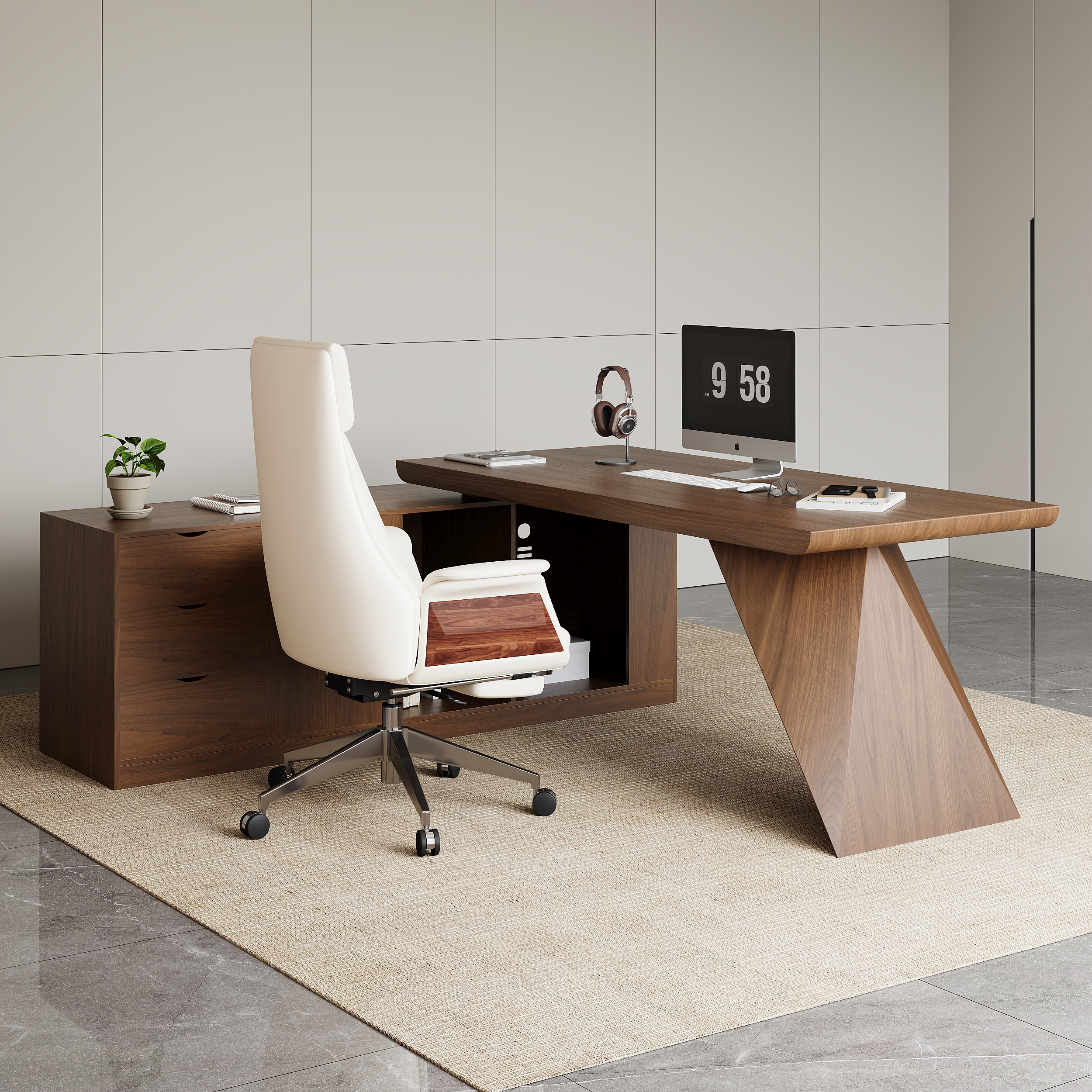 Modern Walnut Large L-Shape Executive Desk with Drawers & Cabinet Left Hand Office Furniture