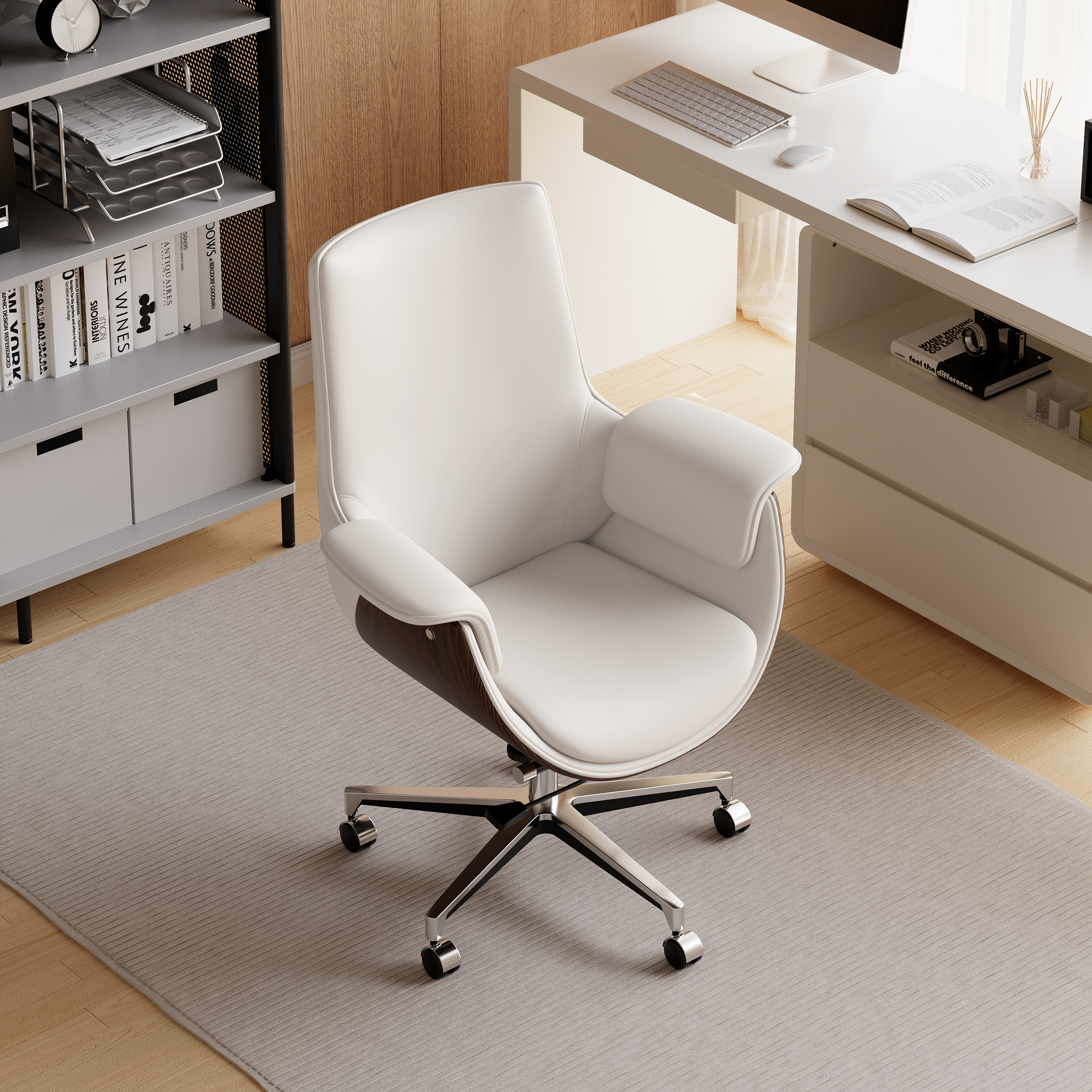 Warm White Leather Modern Home Office Chair Upholstered High Back Desk Chair Wood Grain