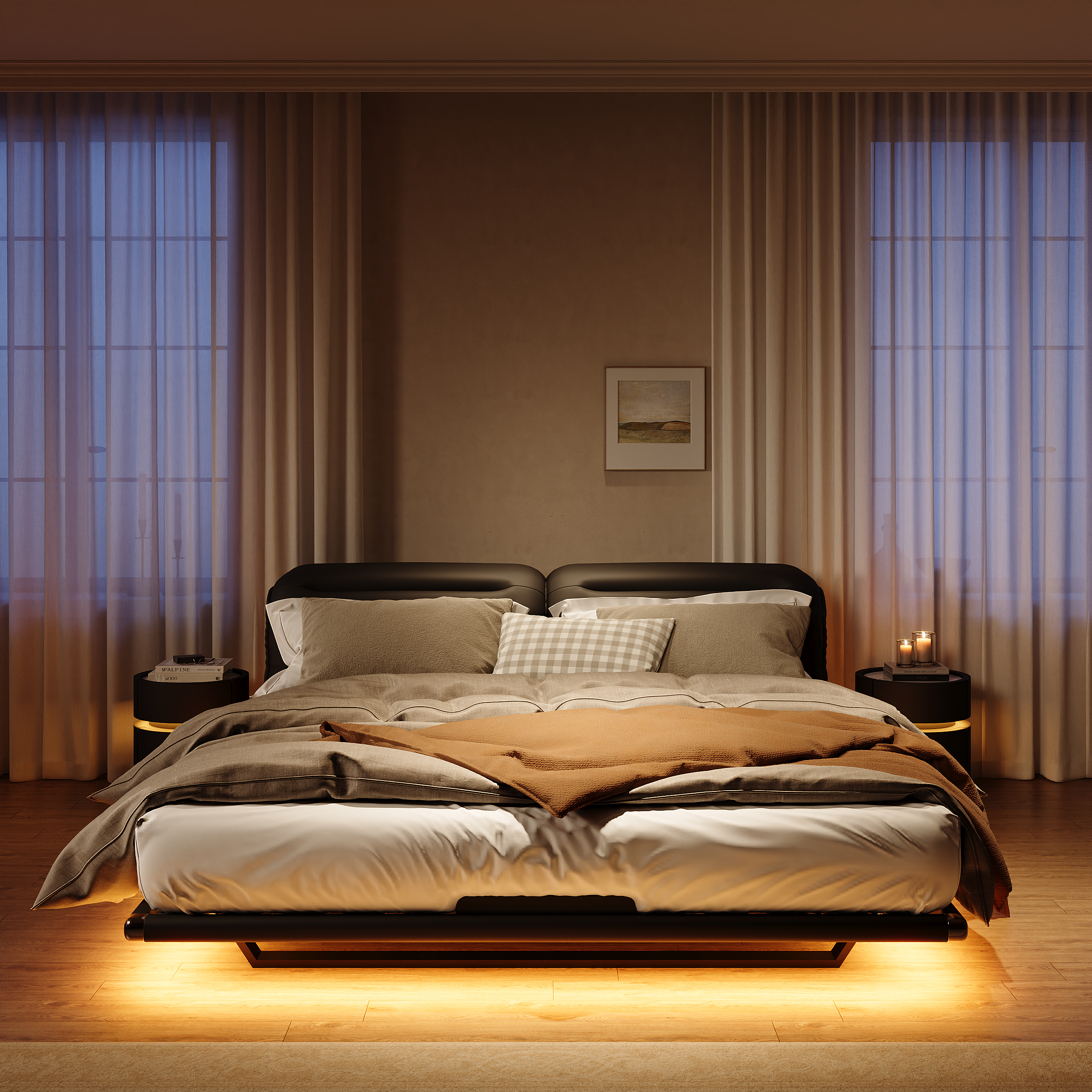 Modern Leather King Size Floating Bedroom Set with Light & Adjustable Headboard