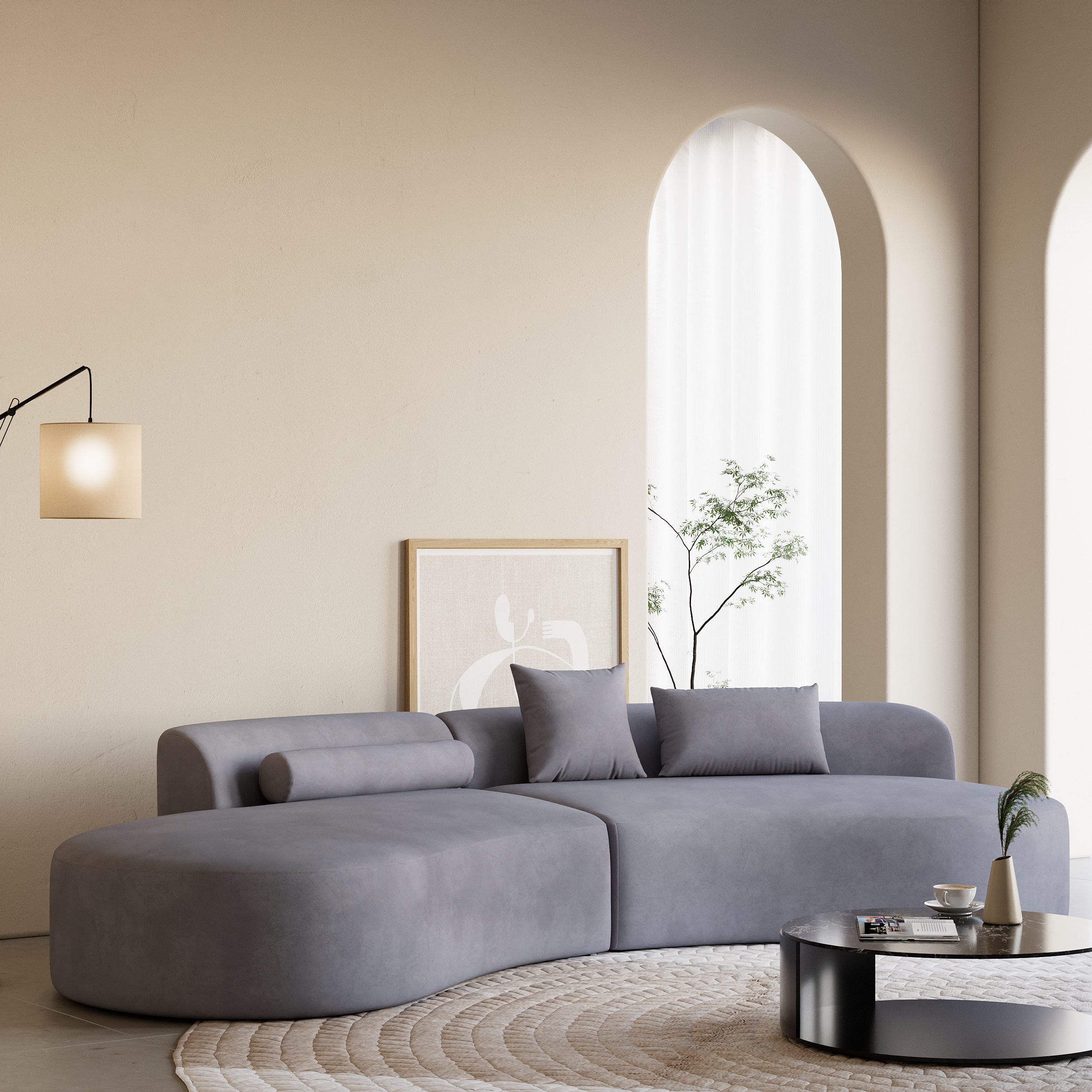 109" Modern Curved Velvet Sectional Sofa 2 Piece 4-Seater Chaise with 3 Pillows