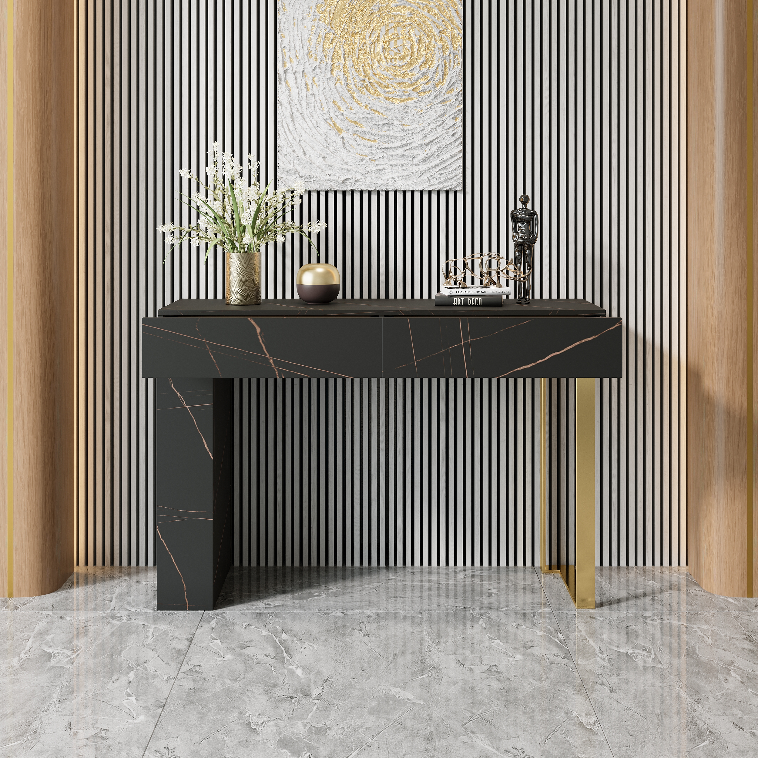 47.2" Black Console Table Modern Accent Table For Entryway with 2 Drawers & Stainless Steeel Base