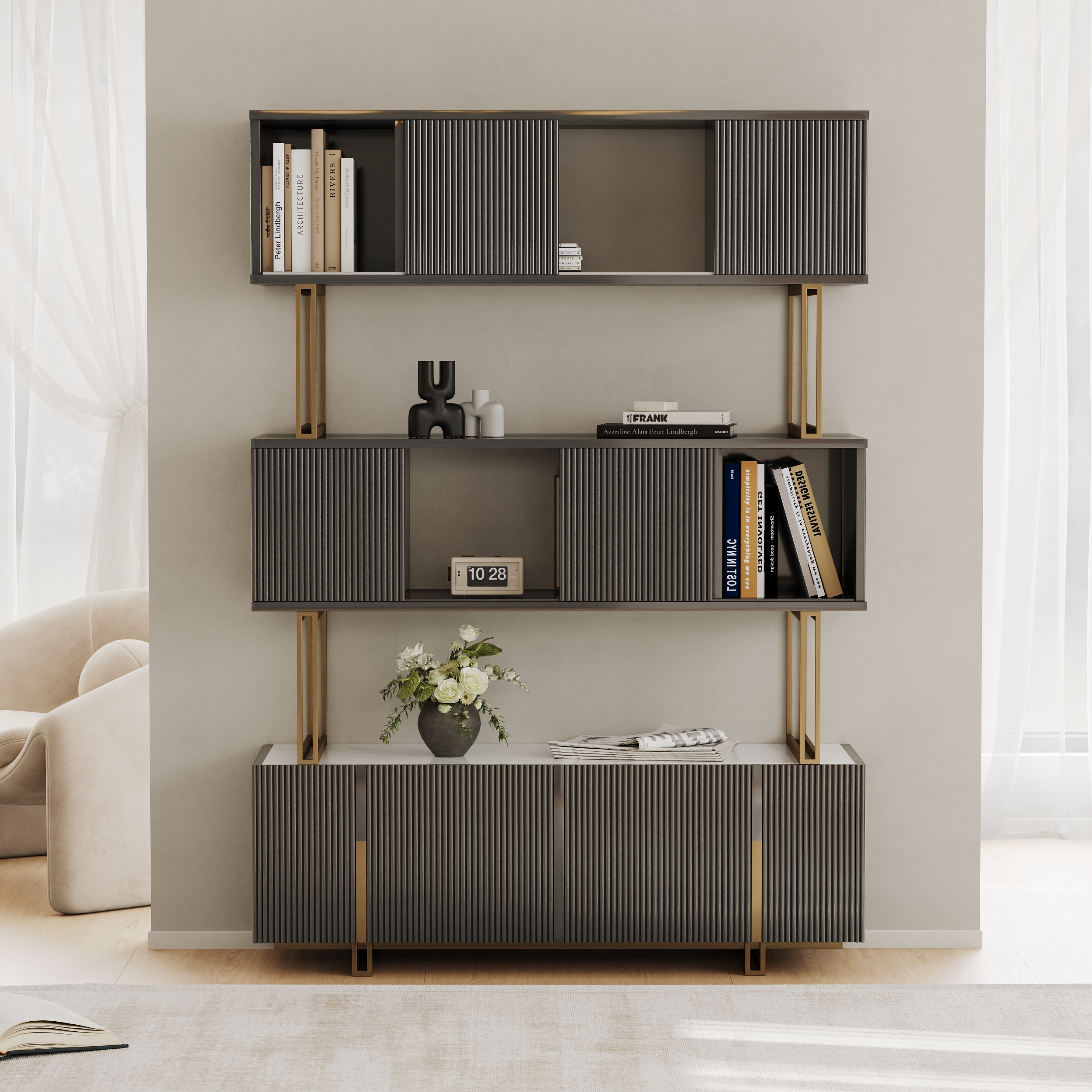 5-Shelf Glossy Black Bookshelf Etagere Tall Bookcase for Home & Office (72.8" High)