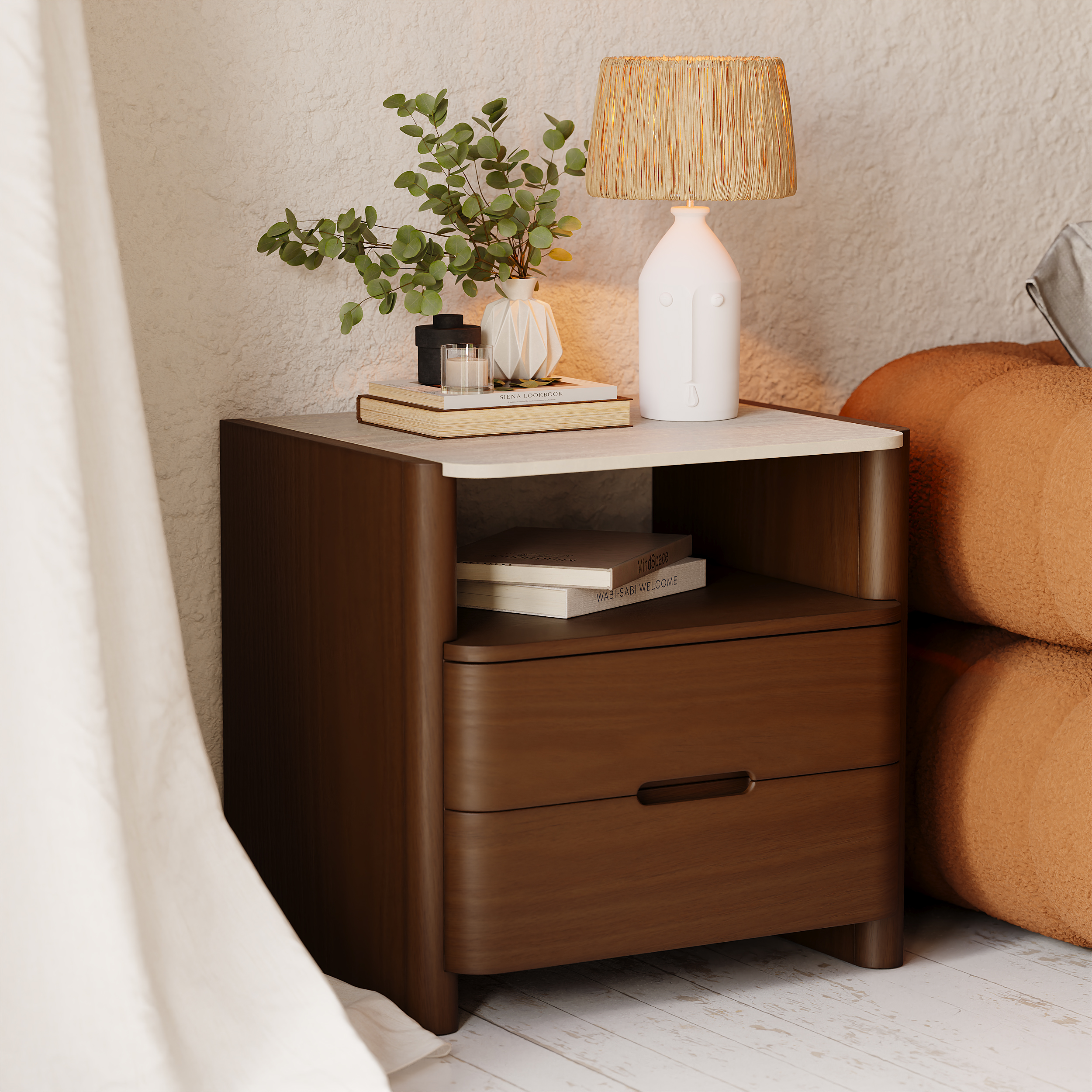 Modern Sintered Stone Top Nightstand with Drawers & Shelf