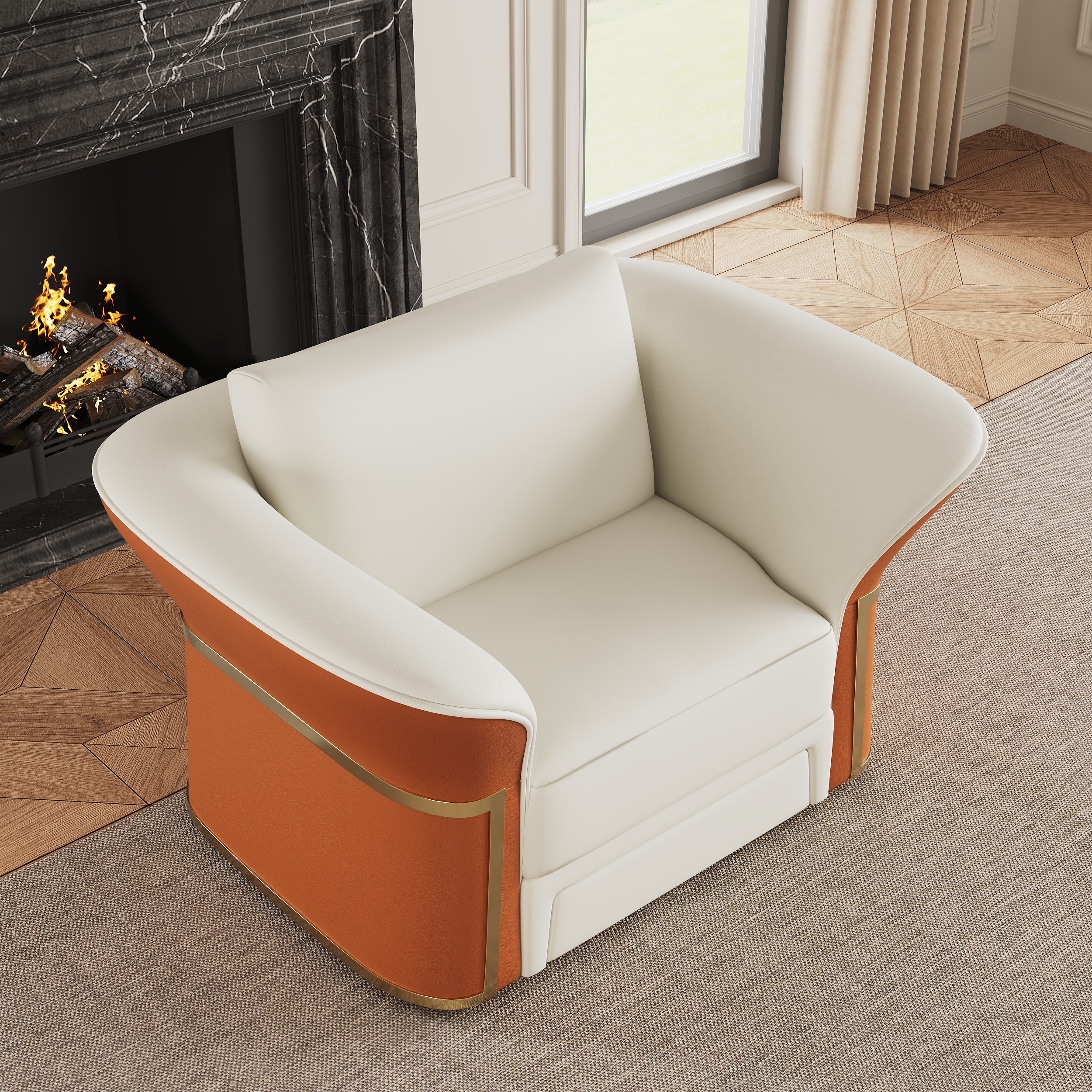 Modern Faux Leather Living Room Sofa Set in White & Orange Set of 3