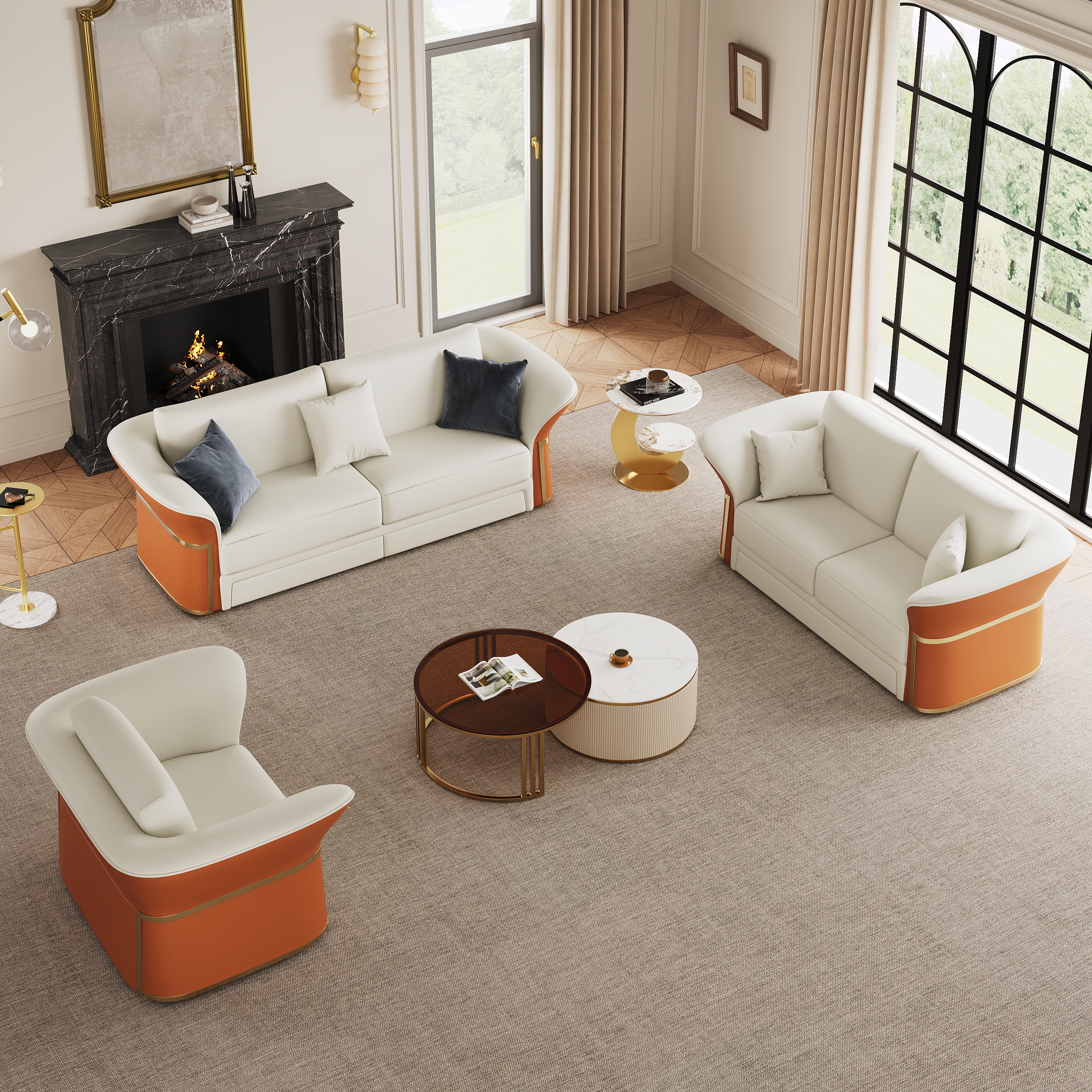Modern Faux Leather Living Room Sofa Set in White & Orange Set of 3