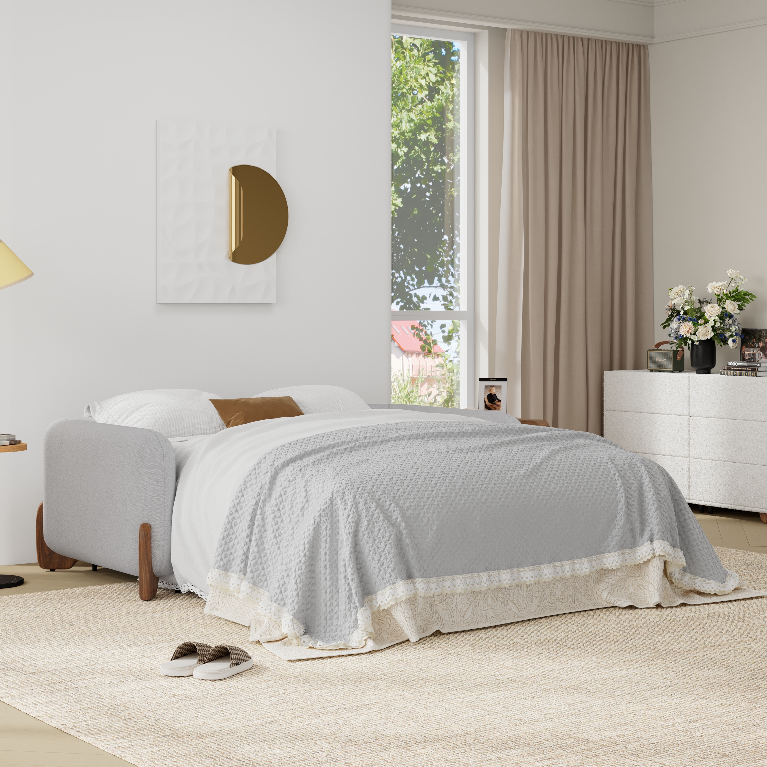 83" Curva Queen Linen Pop Up Sleeper Sofa with Mattress Mid Century Modern Sofa Bed