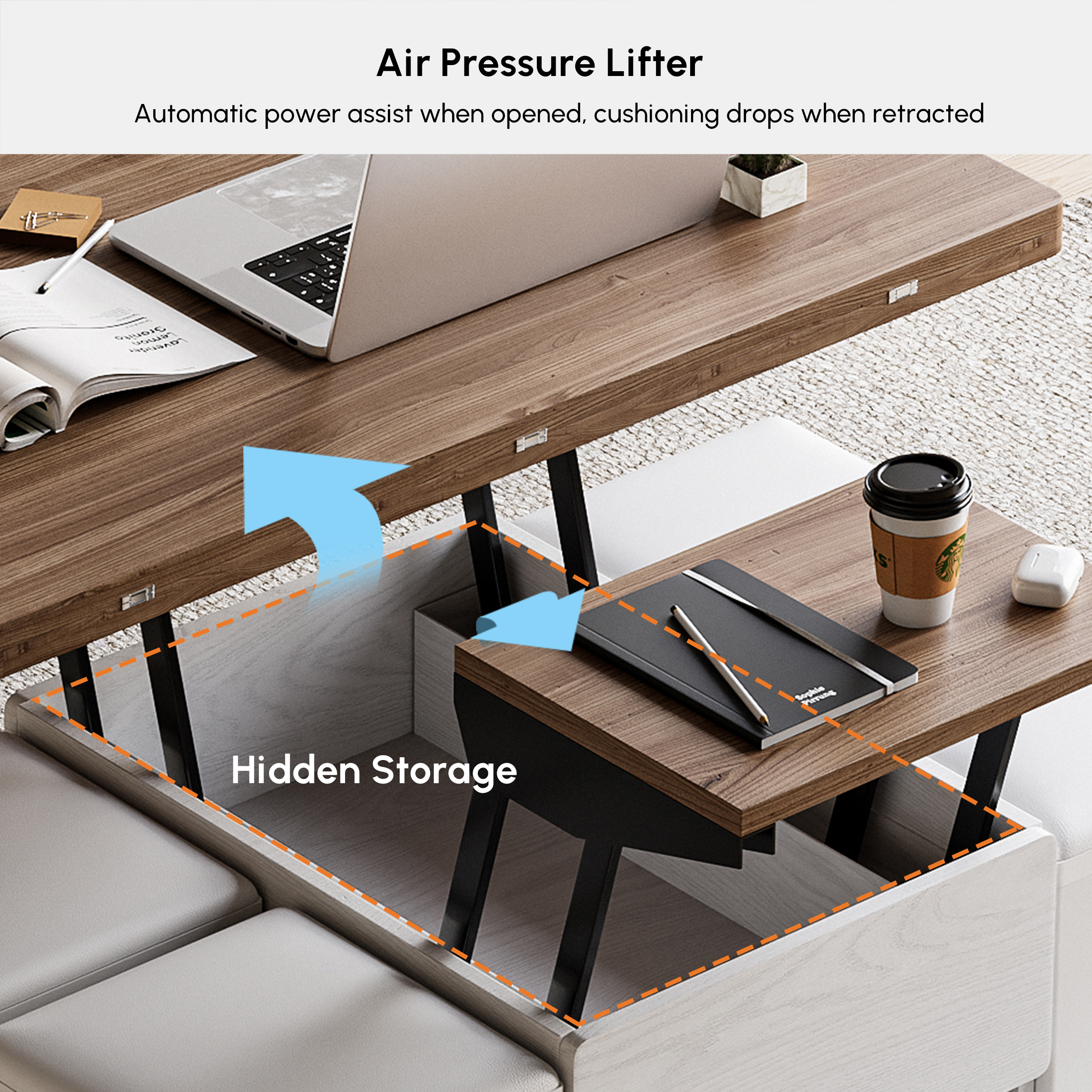 1000mm Lift-Top Foldable Walnut & White Coffee Table with 4 Stools
